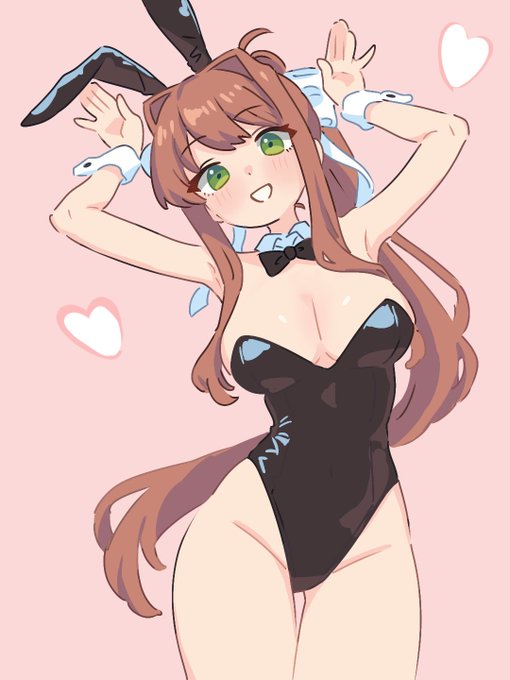 1girls, blush, blushing, breasts, bunny ears, bunnysuit, cleavage, doki doki literature club, happy, looking at viewer, monika (doki doki literature club), playboy bunny, skreamyy, solo, solo female