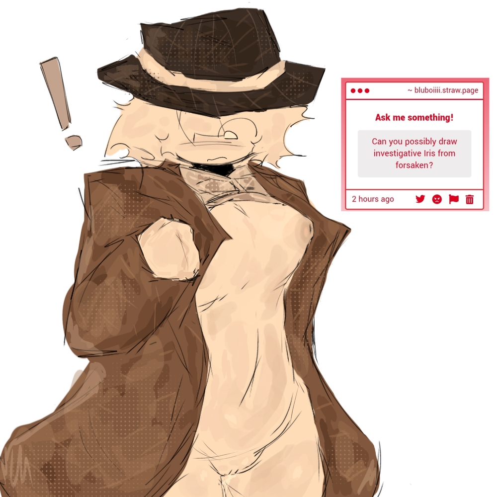 1girls, black hat, bluboiiii, breasts, brown coat, coat, detective, detective hat, fedora, female, forsaken (roblox), half naked, investigative iris, lifting shirt, pussy, pussy juice drip, request, roblox, roblox game, robloxian, self upload, shocked, shocked expression, shocked female, small breasts, stomach, strawpage, strawpage request, thighs, trying to cover up, white body, white fur