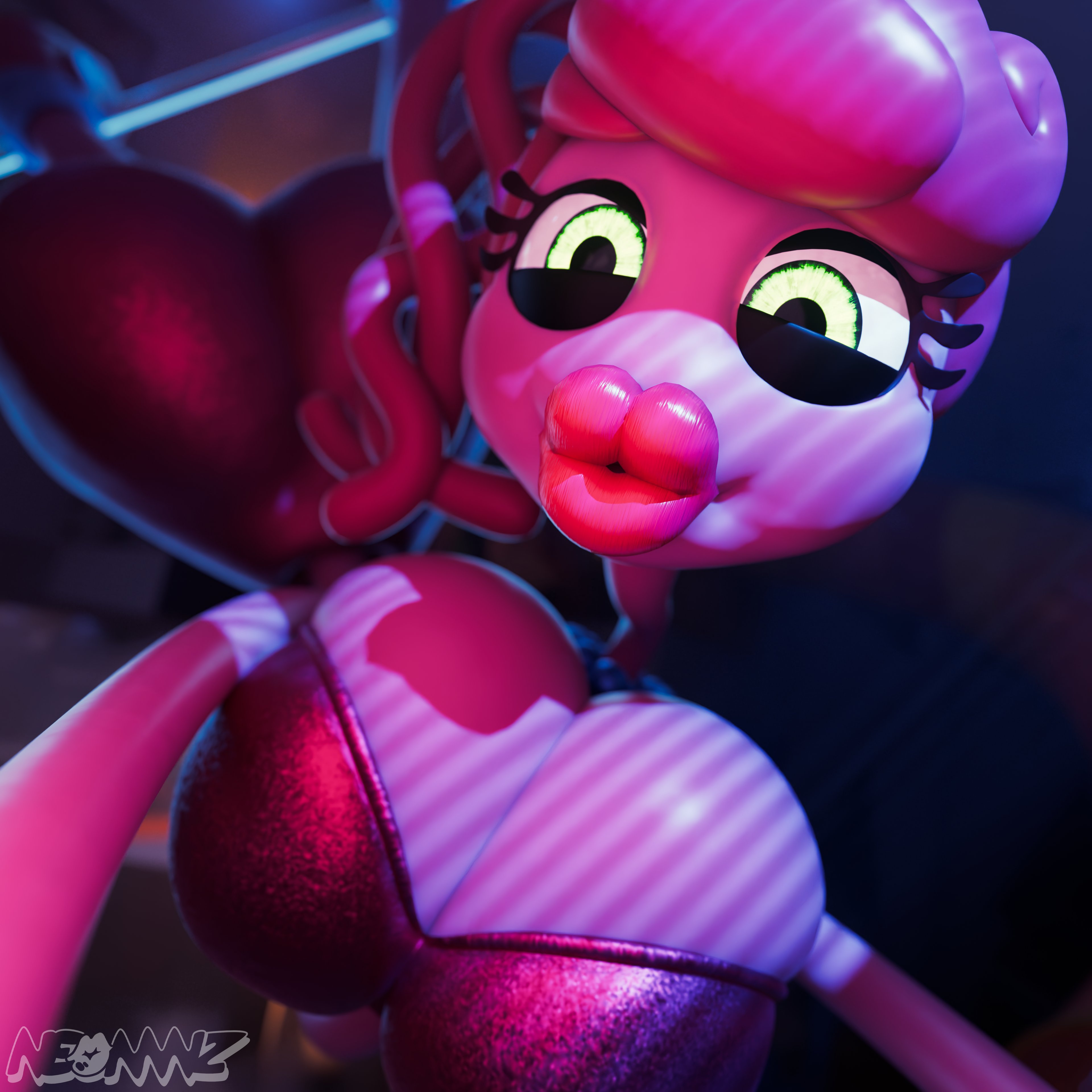 big breasts, bimbo lips, eyeshadow, green eyes, lipstick, looking at viewer, mommy long legs, neonnnzz, pink hair, plump lips, poppy playtime, poppy playtime (chapter 2)