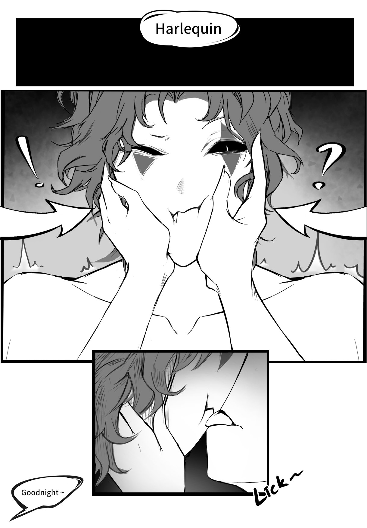 hands on face, harlequin (the freak circus), licking, licking mouth, monster boy, monster on female, self insert, the freak circus