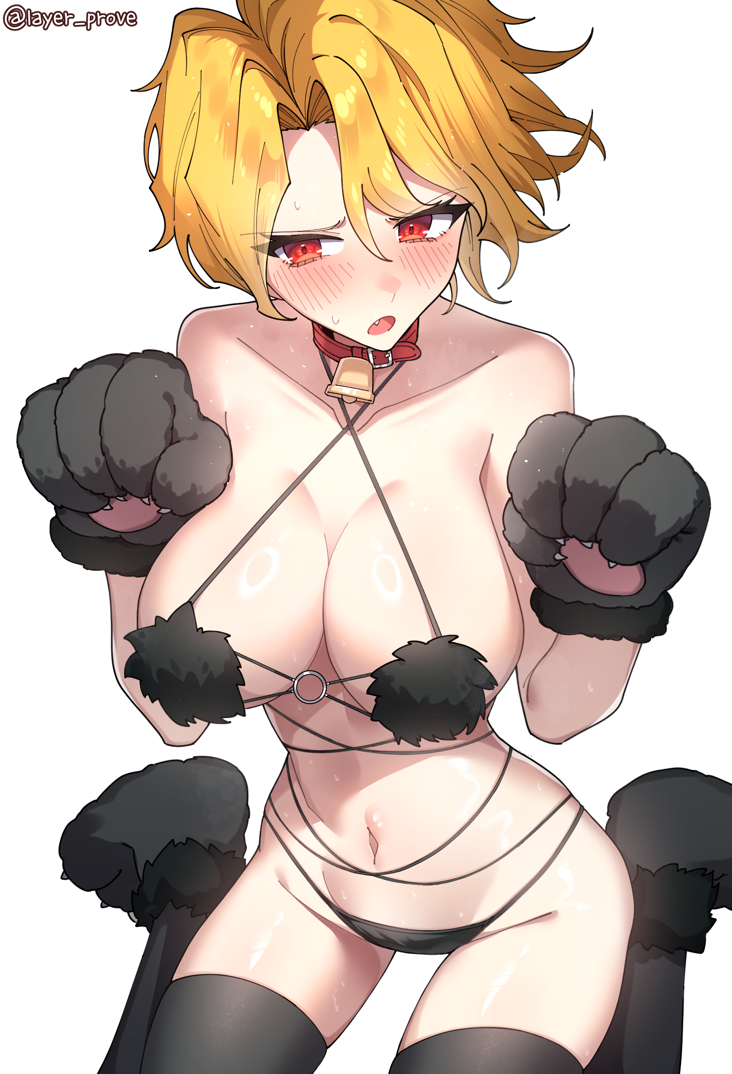 1girls, animal hands, bare shoulders, bell, big breasts, blonde hair, blush, breasts, collar, collarbone, cosplay, don quixote (limbus company), fate (series), fate/grand order, female, female only, fur trim, fur-trimmed gloves, gloves, halloween, korean clothes, large breasts, layer (layer illust), light-skinned female, limbus company, mash kyrielight, mash kyrielight (dangerous beast), navel, oerba yun fang, open mouth, parted bangs, pawpads, project moon, red eyes, revealing clothes, sancho (limbus company), short hair, sitting, solo, speech bubble, wariza