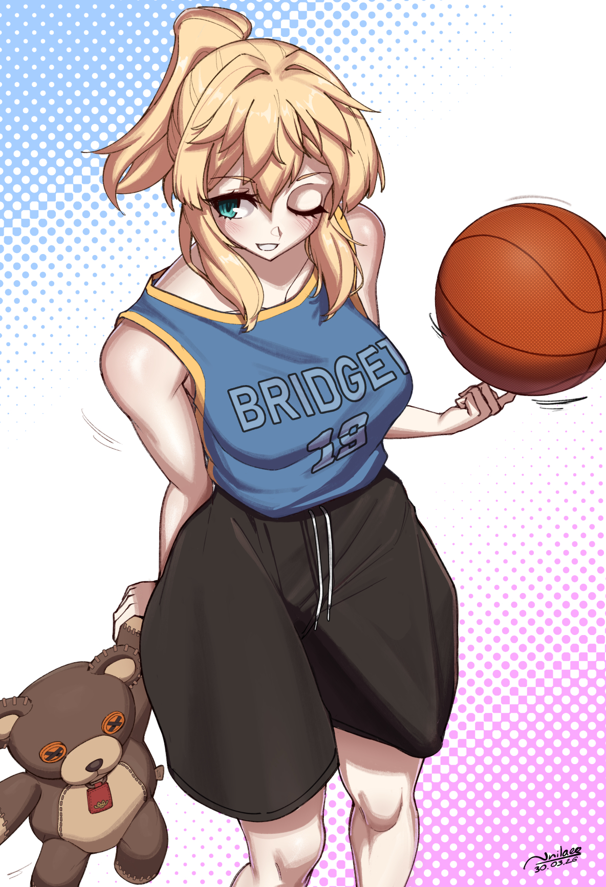 1girl, basketball uniform, blonde hair, bridget, bridget (guilty gear), bulge, bulge through clothing, guilty gear, guilty gear strive, holding basketball, holding object, holding plushie, hung, hung futa, hung transfem, nnilaee, roger (guilty gear), solo trans, trans, trans woman, transfem