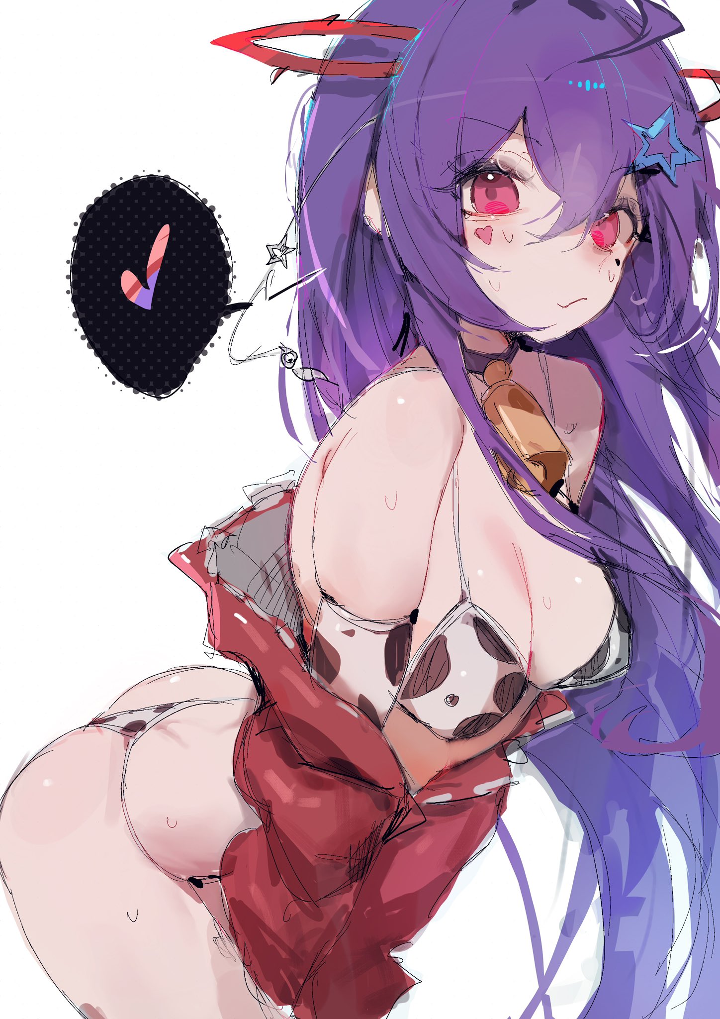 1girls, akuma nihmune, animal print, ass, bell, big breasts, bikini, breasts, cleavage, cow print, cow print bikini, cow print sleeves, cowbell, cowkini, facial mark, female, hair ornament, heart, heart facial mark, horns, indie virtual youtuber, ip chort, jacket, looking at viewer, mole, mole under eye, print bikini, purple hair, red eyes, red jacket, solo, star (symbol), star hair ornament, swimsuit, virtual youtuber, vtuber, white background