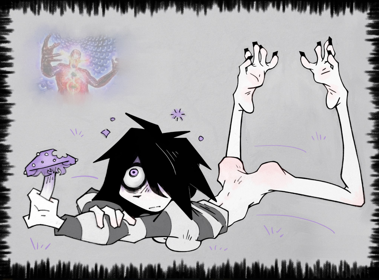 1female, 1females, 1girl, 1girls, 1lady, 1woman, 1women, 2d, 2d (artwork), 2d artwork, anorexia, anorexic, black hair, black hair female, black toenails, boney, boney hips, drug, drug use, drugs, fdipper2, feet, feet fetish, feet focus, feet up, female, female focus, female only, female solo, flat ass, flat butt, foot fetish, foot focus, high, hip bones, holding, holding mushroom, holding object, i can't sleep, lanky, laying, laying down, laying on stomach, magic mushrooms, meme in the background, mushroom, nia (i can't sleep), pale skin, pale skinned female, pale-skin, pale-skinned, pale-skinned female, pelvic lines, skeletal, solo, solo female, solo focus, sweater, sweater only, toes curled, unhealthy, white skin, white skinned, white skinned female, white-skinned, white-skinned female, youtube