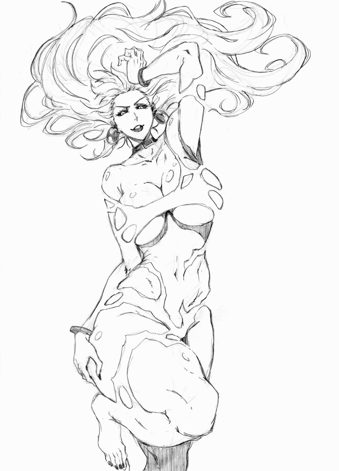 armpit, belly, big breasts, black sclera, convenient censoring, feet, hand in hair, hand on hip, juicy lips, jujutsu kaisen, long hair, midriff, pose, posing, rakusakugk, thick thighs, uncolored, uro takako, wide hips