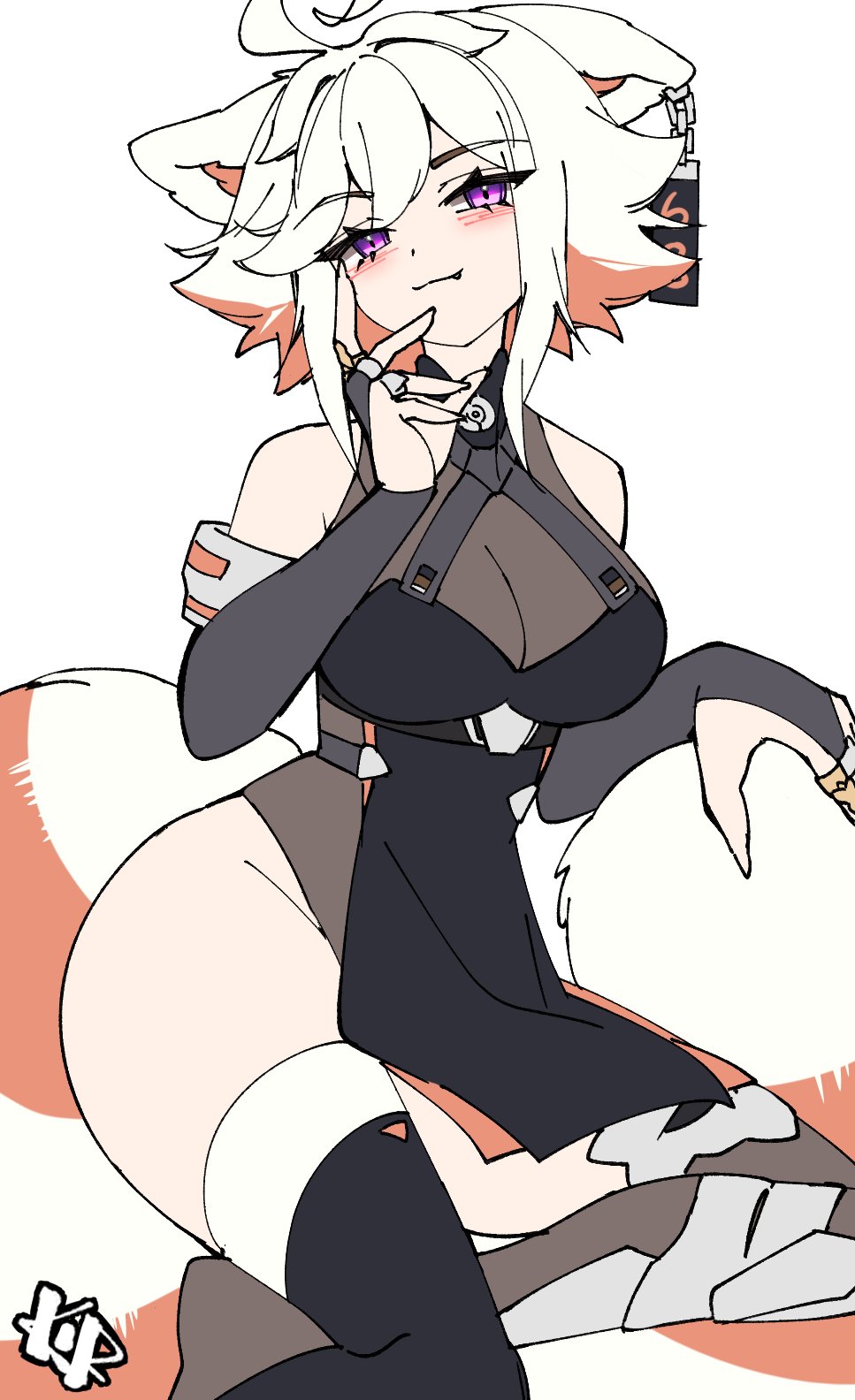 1girls, ahoge, bare hips, black bridal gauntlets, black thighhighs, breasts, breedable hips, bridal gauntlets, child bearing hips, curvy, demenishki, female, fluffy tail, hips, indie virtual youtuber, kireevyy, large breasts, leotard, loincloth, looking at viewer, orange hair, purple eyes, red panda ears, red panda girl, red panda tail, see-through cleavage, see-through clothes, see-through leotard, short hair, thick, thick ass, thick thighs, thighhighs, thighs, virtual youtuber, vtuber, white hair, wide hips