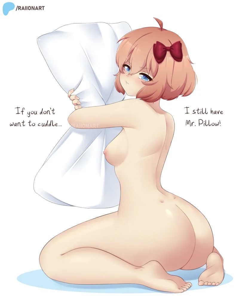 1girls, areolae, ass, back view, backboob, behind view, breasts, completely naked female, completely nude female, coral pink hair, dialogue, doki doki literature club, english dialogue, english text, female focus, female only, hair ribbon, looking at viewer, looking back, nipples, pillow, pillow hug, pout, pouting, raionart, sayori (doki doki literature club), short hair, solo, solo female, text