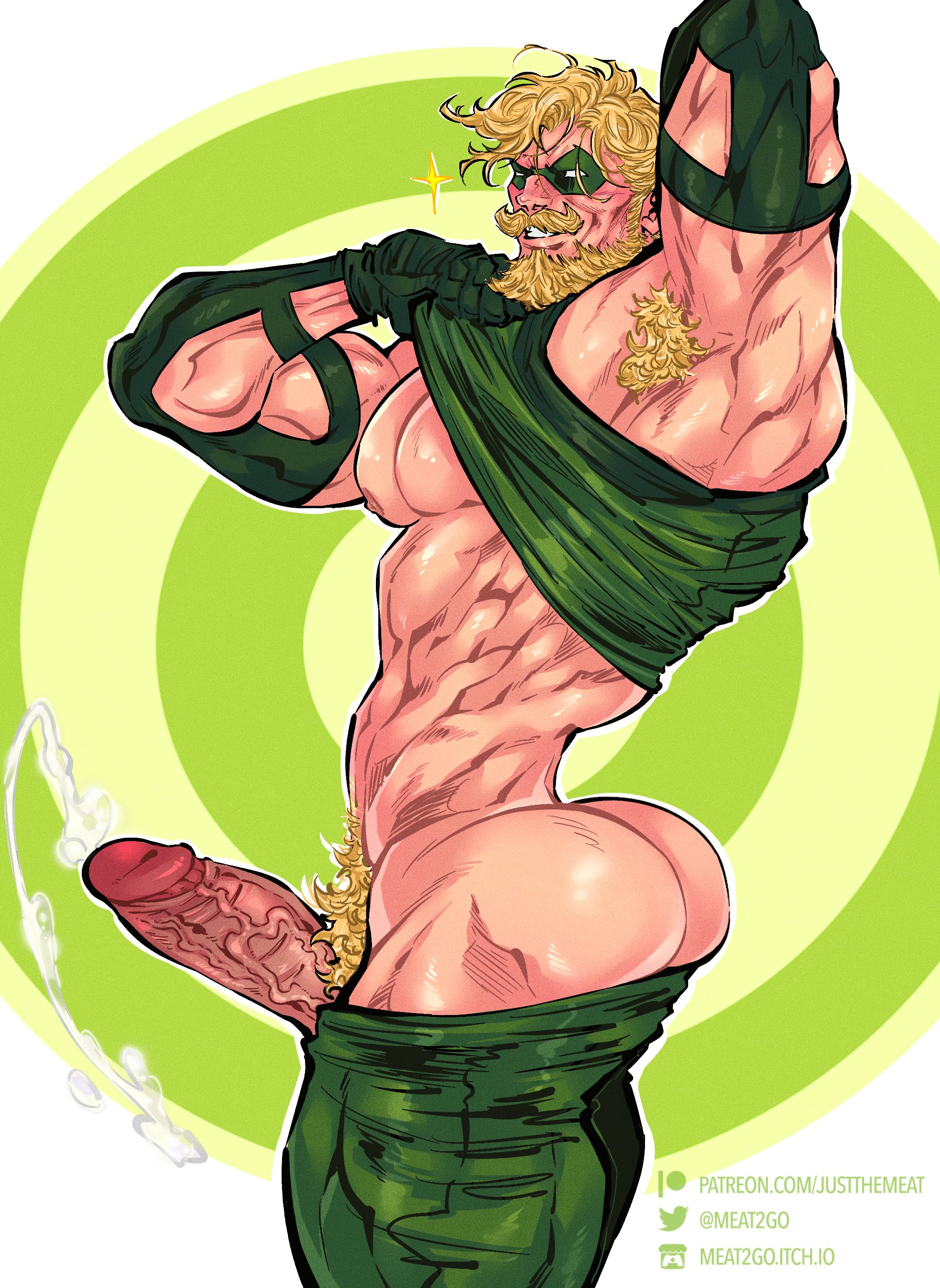 1boy, absurdres, arm behind head, armpit hair, ass, bara, bare pectorals, beard, blonde hair, clothes lift, clothes pull, cum, ejaculation, erection, facial hair, foreskin, fully retracted foreskin, green arrow, green arrow (series), handsfree ejaculation, highres, justthemeat/meat2go, large pectorals, large penis, lifting own clothes, male, male focus, male only, mask, moustache, muscular, muscular male, nipples, oliver queen, pants, pants pull, pectorals, penis, retracted foreskin, shirt lift, short hair, solo, uncircumcised, veins, veiny penis