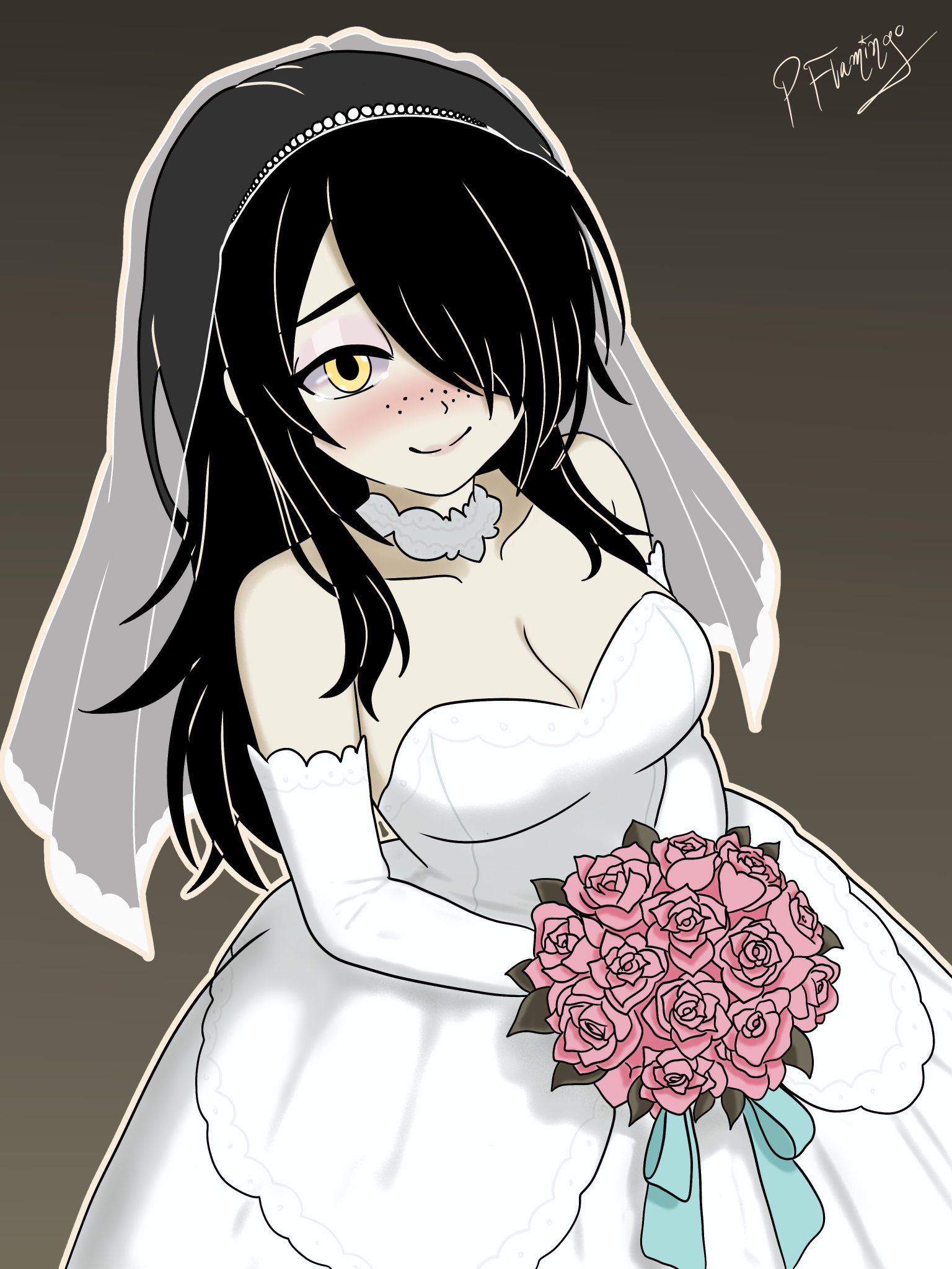 3:4, big breasts, black hair, blushed face, bridal bouquet, bridal veil, choker, elbow gloves, fanart, female only, freckles on face, hair over one eye, happy female, hi res, julia (the coffin of andy and leyley), light skin, long hair, looking at viewer, neckline, pinkflamingoart, signature, solo female, the coffin of andy and leyley, wedding dress, wedding veil, white clothing, yellow eyes