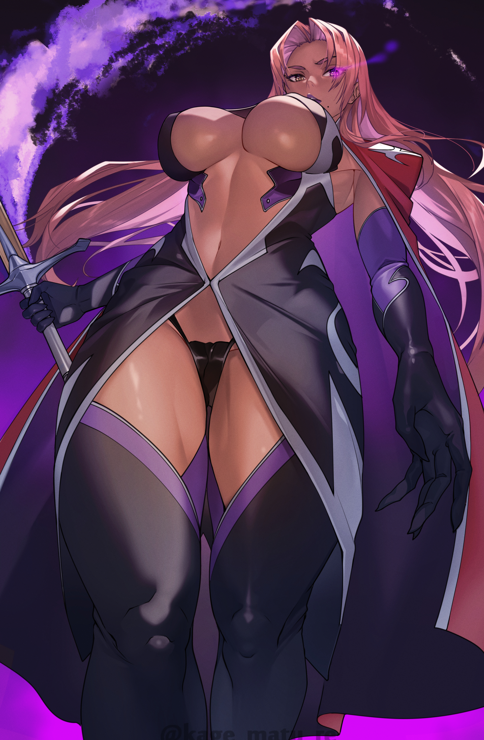 1girls, big breasts, dark skin, dark-skinned female, female, female only, hi res, ingrid (taimanin asagi), kage matu re, kagematsuri, long hair, looking at viewer, makai kishi ingrid, panties, pink hair, revealing clothes, solo, sword, taimanin (series), taimanin murasaki, thick thighs, viewed from below
