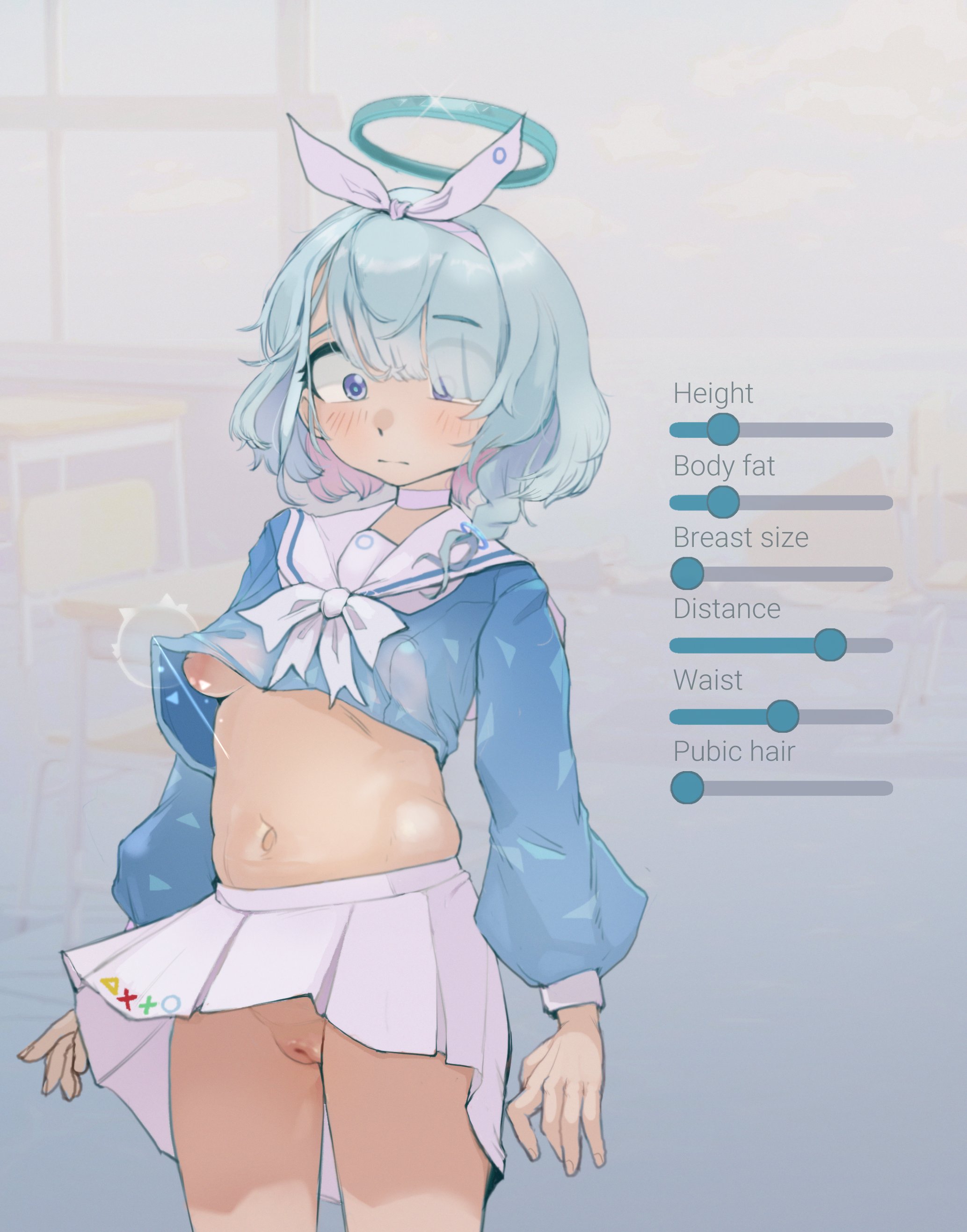 1girls, age regression, aged down, angel, arona (blue archive), assisted exposure, attribute slider, belly, belly button, big areola, blue archive, blue clothing, blue eyes, blue hair, blush, blush lines, body fat, body modification, body slider, braless, breast size, character creator, clothing, complex background, crop top, cropped shirt, cute, cute expression, cute eyes, cute face, cute female, cute girl, desks, distance (tag), exposed breasts, exposed nipples, exposed pussy, female, female only, flehmen resp (hentaicat), hairless pussy, halo, height, innie pussy, inverted nipples, light blue hair, light skin, light-skinned female, long sleeves, looking down, magic, navel, no bra, no bra under clothes, no panties, no panties under skirt, no underwear, no underwear (female), nonconsensual, nonconsensual body-modification, one breast out, one breast out of clothes, one breast visible, pantyless, pussy, school, school uniform, shaved pussy, short female, short girl, short hair, skirt, skirt lift, slider, slider (control), slightly chubby, small breasts, solo, solo female, solo focus, tiny breasts, top lift, transformation, translucent, translucent clothing, unwilling transformation, vulva, waist, worried, worried expression, young