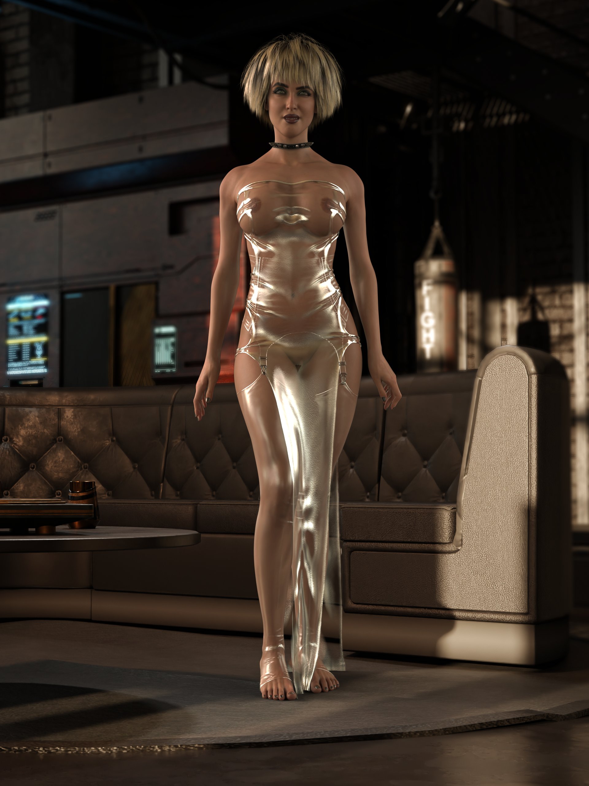 1girls, 3d, blonde hair, breasts, cd projekt red, collar, cyberpunk 2077, dress, female, garter straps, jinxie lizzy, misty olszewski, nipples, nipples visible through clothing, shaved pussy, solo, stockings, translucent clothing, translucent dress, translucent stockings