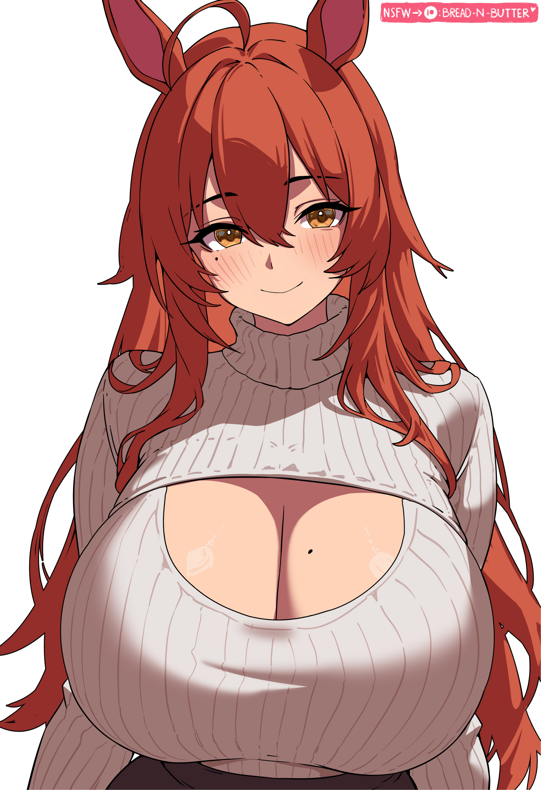 1girls, ahoge, animal ears, big breasts, blush, bread-n-butter, breasts, cleavage, cleavage cutout, clothing cutout, double-parted bangs, female, hair between eyes, horse ears, horse girl, huge breasts, indie virtual youtuber, large breasts, long hair, lucahjin, massive breasts, mature female, milf, mole, mole on breast, mole under eye, mommy, orange eyes, orange hair, red hair, ribbed sweater, solo, sweater, turtleneck, turtleneck sweater, upper body, virtual youtuber, vtuber, white background