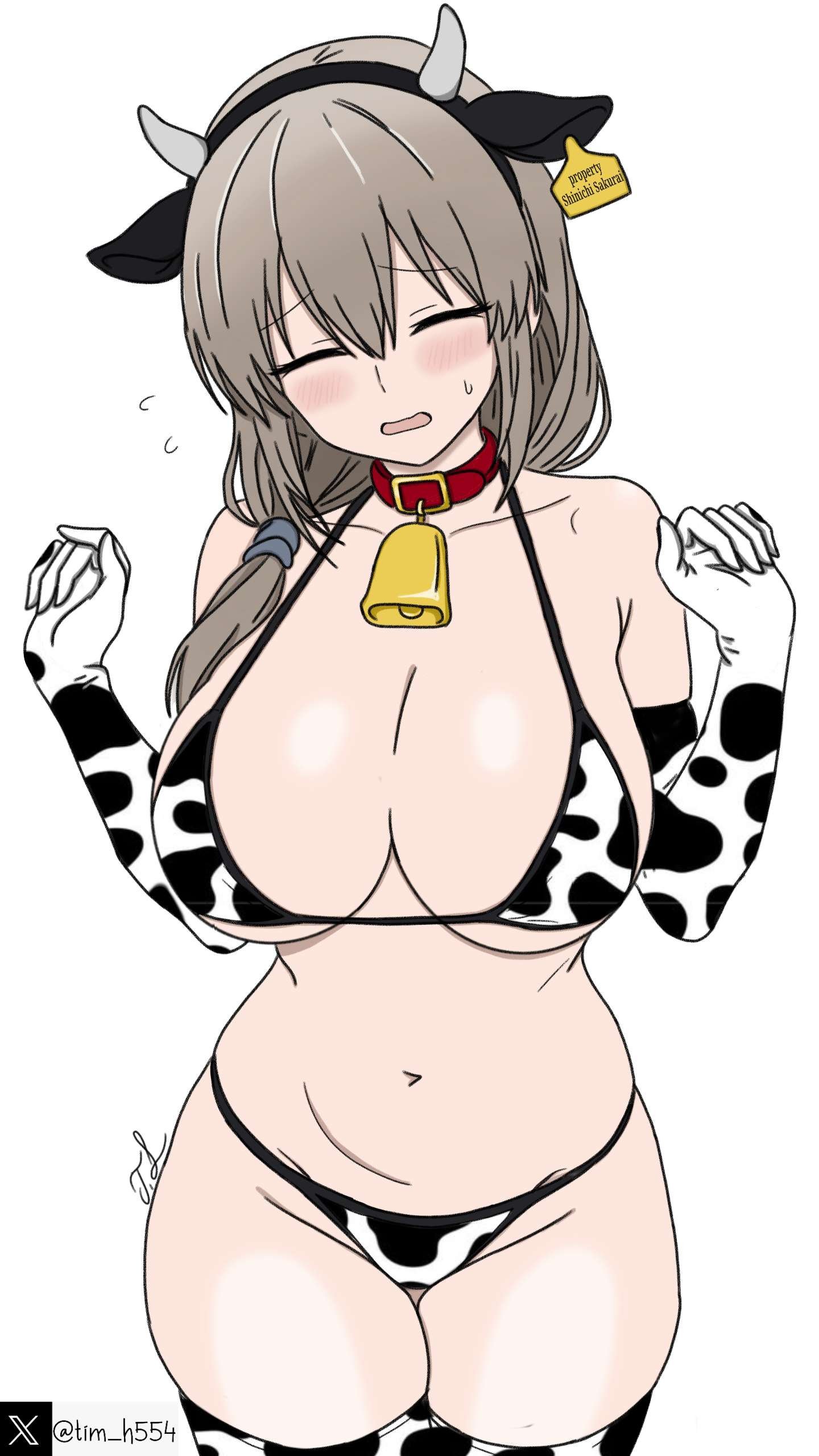 1girls, bell, bell collar, belly, bikini, bikini bottom, bikini top, chubby, chubby female, cleavage, collar, collar bell, cow bell, cow bell collar, cow bikini, cow costume, cow ears, cow horns, cow print, cow print armwear, cow print bikini, cow print gloves, elbow gloves, embarrassed, fake animal ears, female, female only, femsub, gloves, large breasts, leather collar, long gloves, mature female, milf, mother, revealing clothes, signature, skimpy clothes, submissive female, tagme, thick thighs, tim heyderich, uzaki tsuki, uzaki-chan wa asobitai!