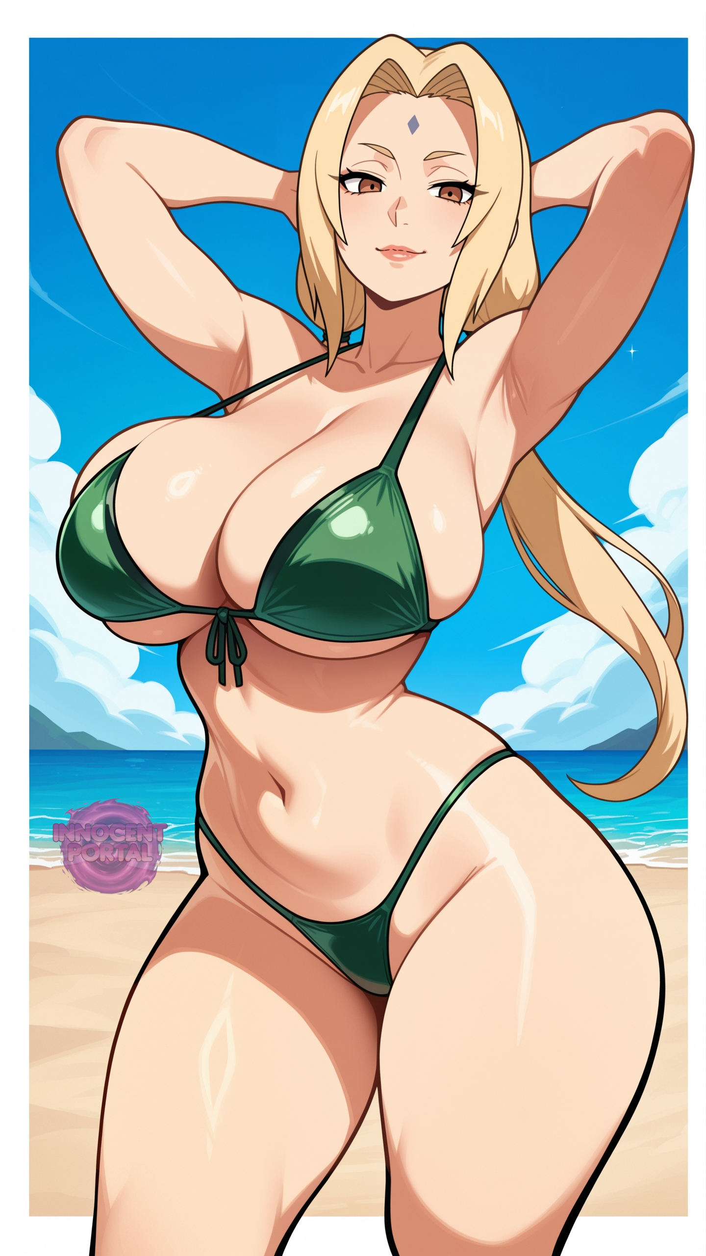 ai generated, armpit, armpit fetish, armpits, arms up, beach, big breasts, bikini, blonde female, blonde hair, blonde-haired female, boruto, boruto: naruto next generations, breasts, busty, busty female, cleavage, female, female focus, female only, forehead jewel, forehead mark, green bikini, hands behind head, hips, jorgecarlosai, light smile, long hair, looking at viewer, mature, mature female, mature woman, milf, milf body, mommy, naruto, naruto (classic), naruto (series), naruto shippuden, posing, posing for the viewer, sand, senju tsunade, sexy pose, standing, swimsuit, thighs, tsunade, tsunade (naruto), tsunade senju, twintails, twintails (hairstyle), water, watermark