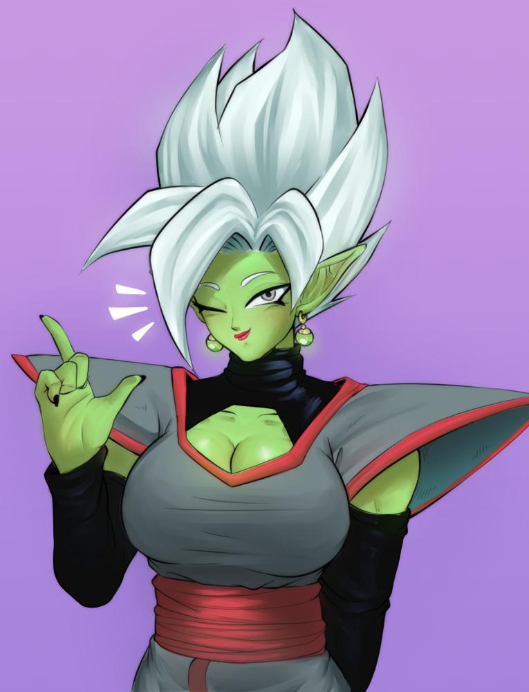 1girls big_breasts breasts core_person deity dragon_ball dragon_ball_super earrings echosaber female female_zamasu fused_zamasu goddess green_skin humanoid lipstick pointy_ears potara_earrings potara_fusion rule_63 shounen_jump solo spiky_hair white_hair zamasu