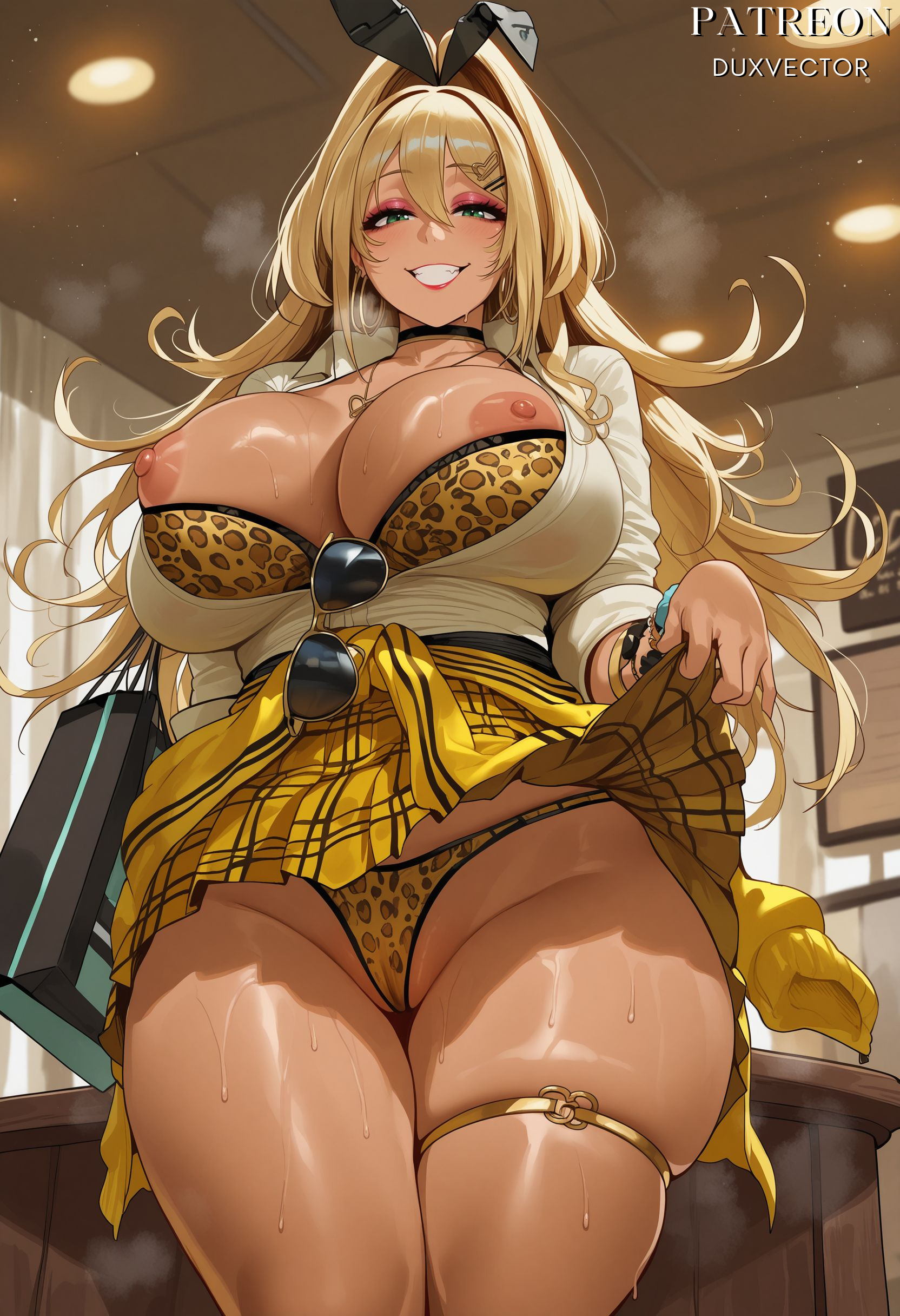 ai generated, animal ears, animal print, artist name, bag, black choker, blonde hair, blush, bra, bracelet, breasts, breasts out, cameltoe, choker, cleavage, clothes around waist, clothes lift, clothes pull, clothing, collarbone, curvy, dark skin, dark-skinned female, duxvector, earrings, eyewear hang, fake animal ears, female, goddess of victory: nikke, green eyes, grin, gyaru, hair between eyes, hair intakes, hair ornament, hairclip, holding bag, huge breasts, indoors, jacket, jacket around waist, jewelry, kogal, large breasts, leopard print, lifted by self, long hair, long sleeves, looking at viewer, makeup, necklace, nipples, panties, pantsu, partially visible vulva, plaid, plaid skirt, pleated skirt, ponytail, print bra, print panties, rabbit ears, rupee (nikke), shirt, shopping bag, skindentation, skirt, skirt lift, skirt pull, smile, solo, sunglasses, sweat, tan, thick thighs, thigh strap, thighlet, thighs, underwear, unworn eyewear, white shirt, yellow jacket, yellow skirt