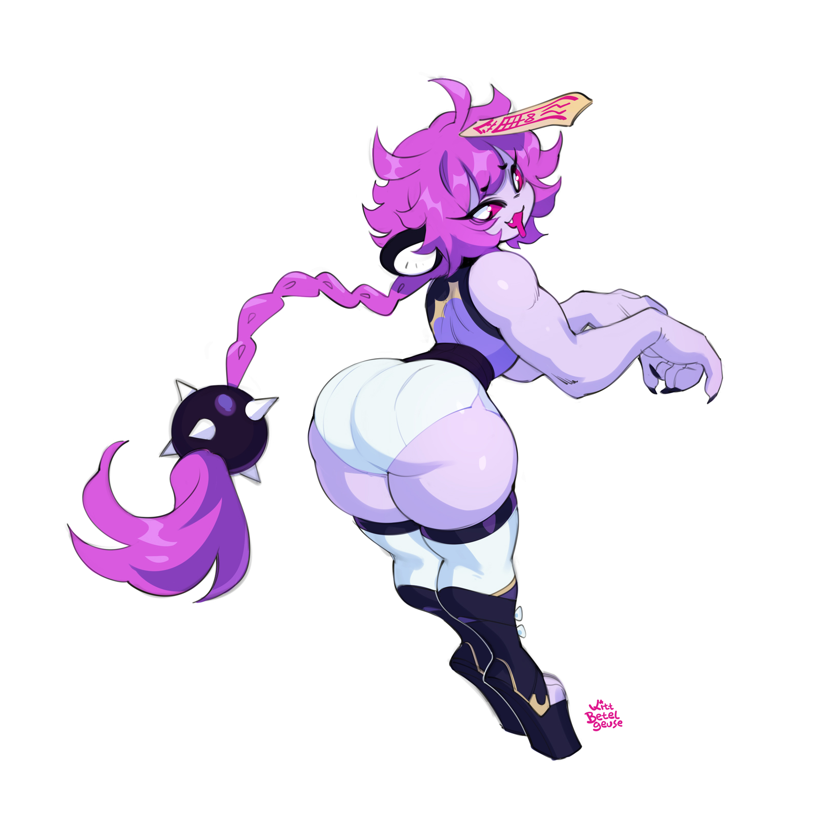 bao bao (kittbetelgeuse), behind view, big butt, bottom heavy, bottom heavy femboy, braided hair, butt focus, drool, drooling, femboy, femboy focus, femboy only, heels, high heels, hotpants, jiangshi, kittbetelgeuse, looking at viewer, muscular, muscular femboy, muscular male, platform heels, purple hair, purple skin, red sclera, shortstack, shortstack femboy, thicc, thigh highs, thighhighs, vampire, vampire boy, vampire femboy