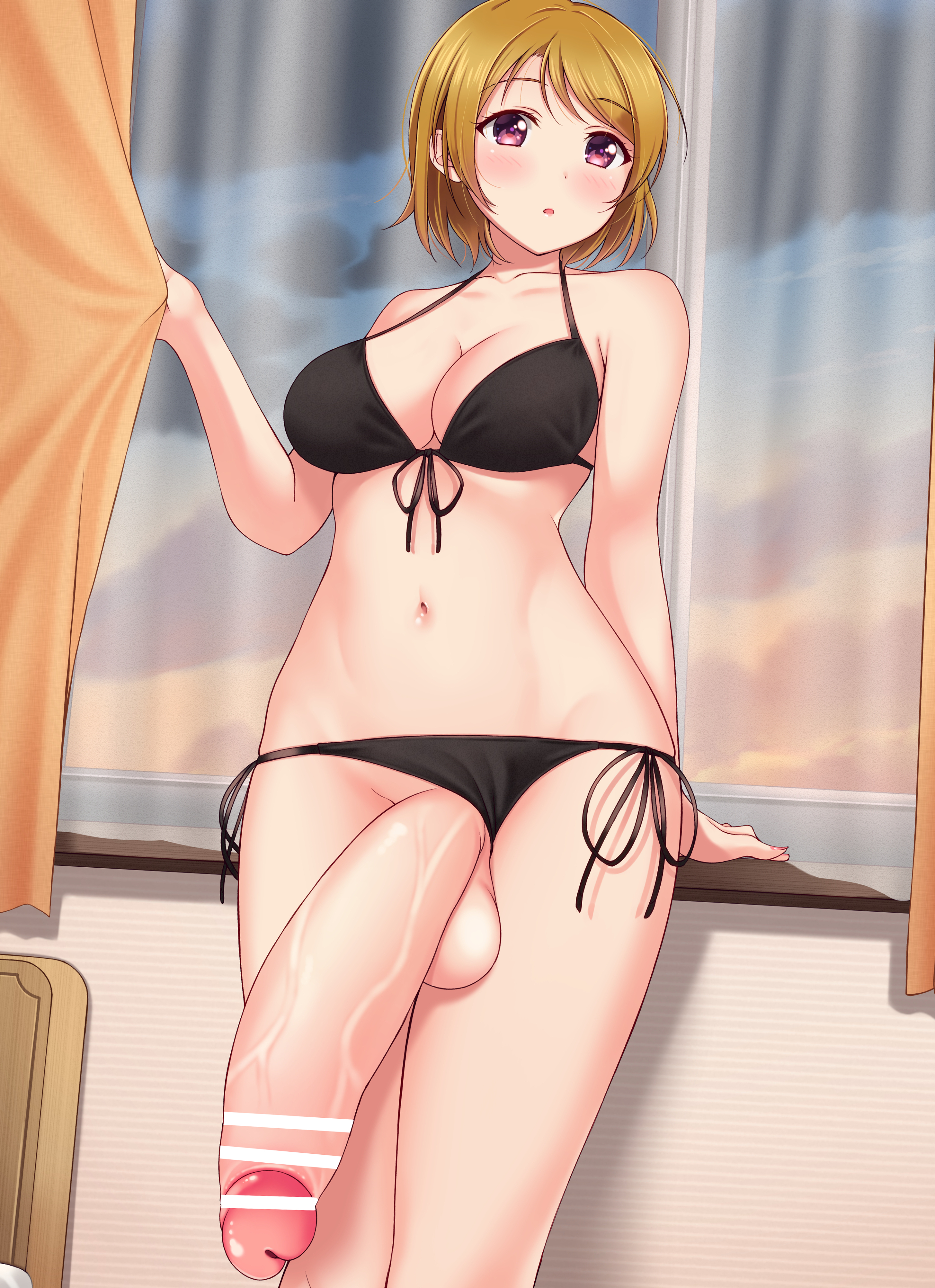 1futa, absurd res, balls, bare shoulders, big, big balls, big breasts, big testicles, black bikini, blush, breasts, brown hair, censored, commission, curtains, eyebrows visible through hair, flaccid, futa only, futanari, huge cock, huge penis, human, hyper penis, intersex, koizumi hanayo, large balls, long penis, love live!, love live! school idol project, mobukichi, mostly nude, navel, pale skin, penis, penis out, purple eyes, solo, solo futa, standing, string bikini, sunset, testicles