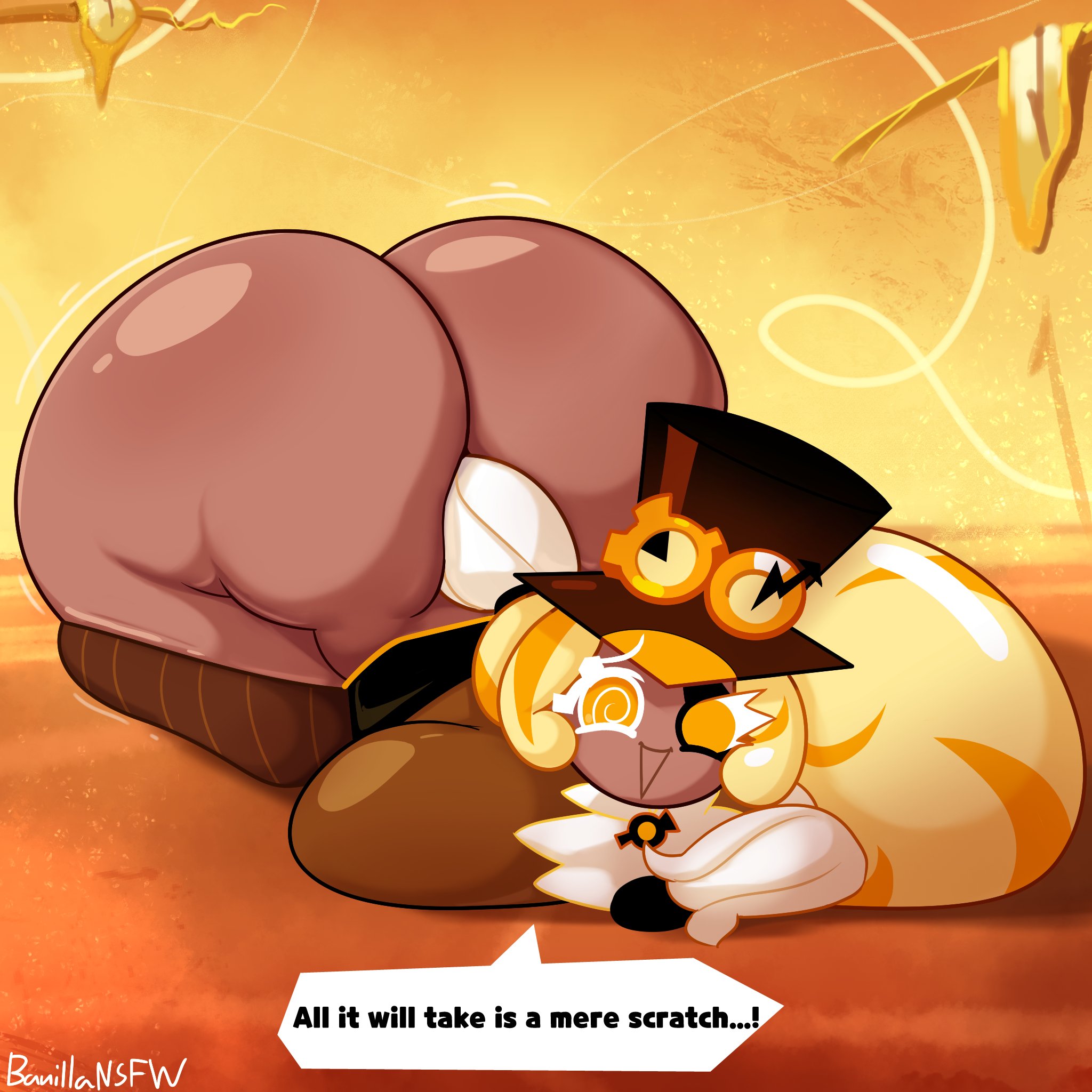 1girl, ass, ass focus, background, banillansfw, bent over, big ass, big butt, brown body, butt, butt digging, butt focus, clockwork, cookie, cookie run, cookie run kingdom, cookie run ovenbreak, digging up in they ass, eyepatch, female, female only, golden hair, hair, hat, looking at viewer, on ground, pants down, steampunk, steampunk goggles, thick, thick ass, thick legs, thick thighs, timekeeper cookie, yellow background, yellow eye, yellow hair
