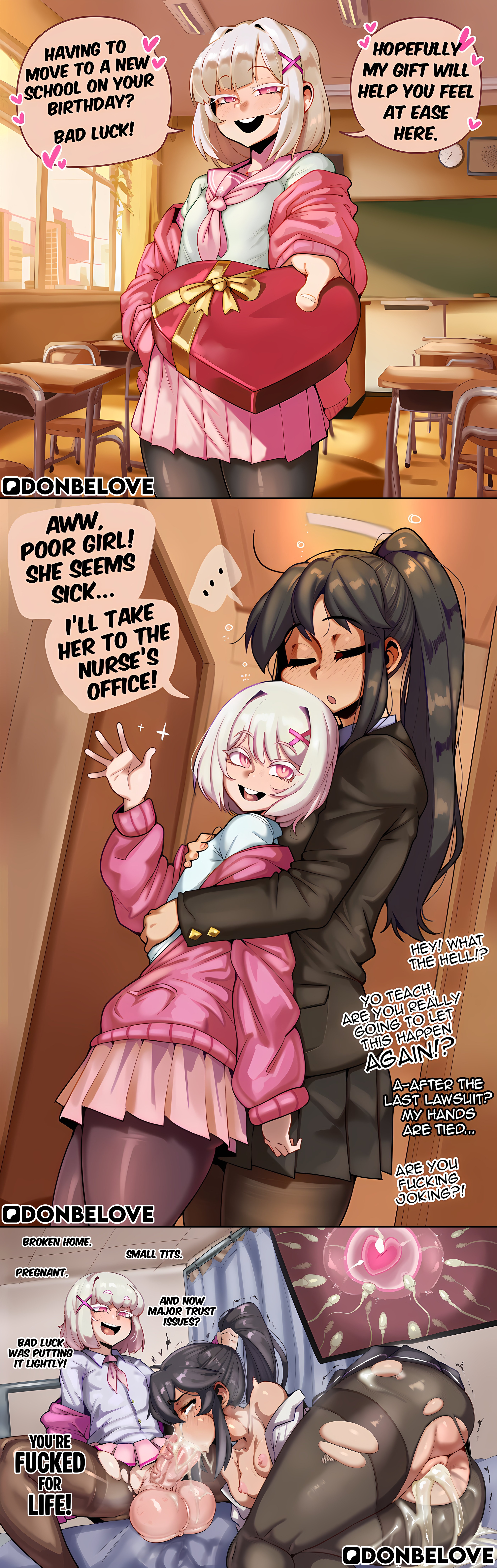 after sex, after vaginal, ai generated, ass, black hair, black pantyhose, blush, box, breasts, chalkboard, classroom, closed eyes, comic, continue after cum, continuous ejaculation, crossdressing, cruelty, cum, cum in ass, cum in pussy, cum inside, cumdrip, desk, dirty talk, dominant male, donbeboys, drugged rape, drugged sex, drugs, dubcon, dubious consent, english text, facefuck, femboy, femboy on female, femboydom, fertilization, gift, gift box, hair ornament, hairclip, heart, heart-shaped box, holding, holding gift, hug, impregnation, indoors, instant loss, jacket, large breasts, long hair, lying, miniskirt, multiple boys, multiple girls, nipples, off shoulder, open mouth, oral, oral creampie, oral penetration, oral sex, original, original character, otoko no ko, ovum, pantyhose, penis, pink eyes, pleated skirt, ponytail, ponytail hold, pussy, rape, roofies, rough sex, school desk, school uniform, sex, short hair, skirt, smile, speech bubble, sperm cell, stella (donbeboys), sweater, testicles, throat bulge, throat fuck, throatpie, torn clothes, torn pantyhose, trap, trap on female, uncensored, valentine, white hair