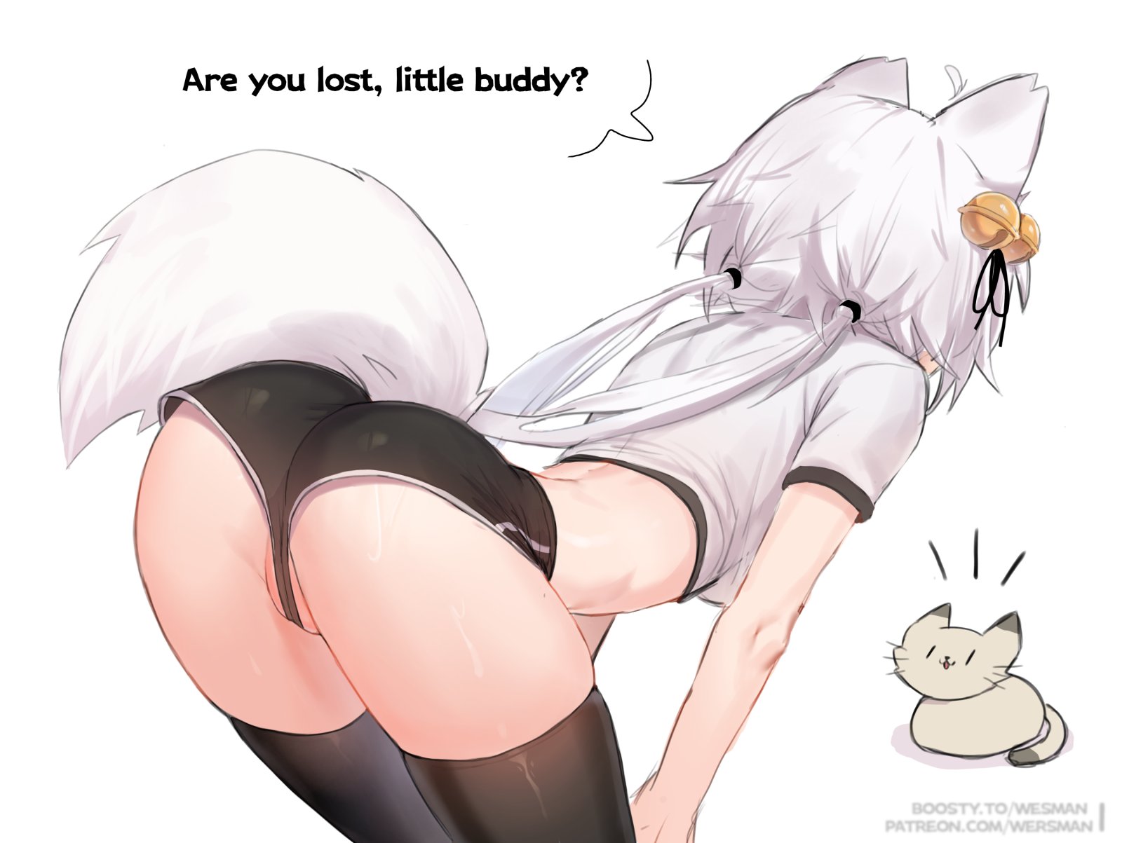 animal ears, ass, ass focus, back, bell, bent over, black thighhighs, cameltoe, cat ears, english text, feline, female, filian, filian (vtuber), hair bell, hair ornament, indie virtual youtuber, leaning forward, rindo (vrchat), shirt, small breasts, tail, thick thighs, thighhighs, thighs, twintails, virtual youtuber, vtuber, wersman, white background, white hair, white shirt