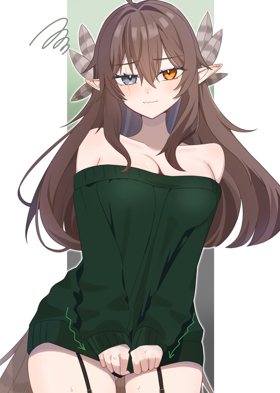 1girls, bare shoulders, bird girl, breasts, brown feathers, brown hair, cleavage, embarrassed, feather hair, feather hair ornament, feathers, female, garter straps, green sweater, grey eyes, hair ornament, heterochromia, indie virtual youtuber, kumi (vtuber), long hair, nervous, pointy ears, red eyes, scar, scar across eye, scar on face, simple background, sweater, thighs, tsukasa12598, virtual youtuber, vtuber