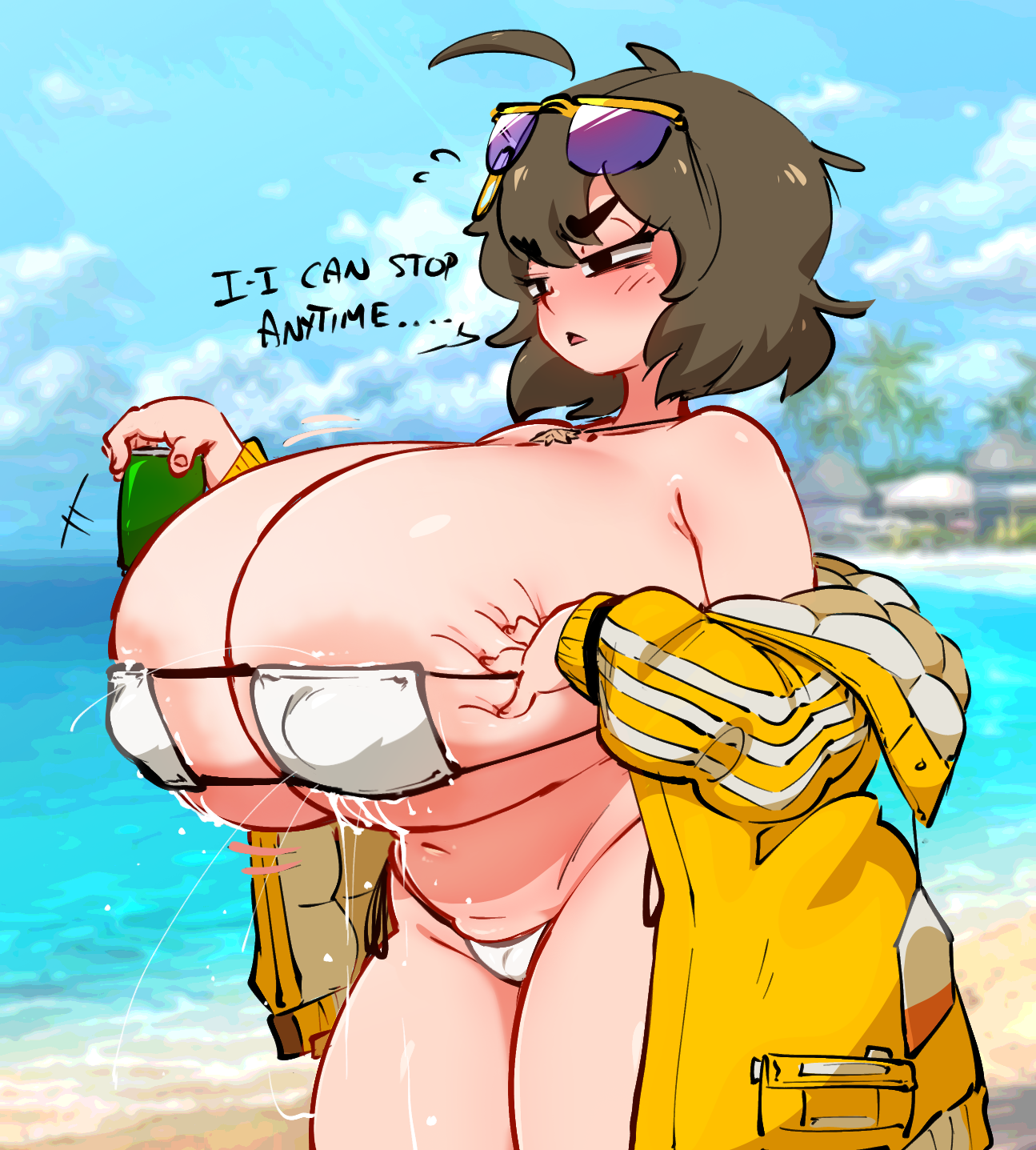 1girl, ahoge, anis (nikke), anis (sparkling summer) (nikke), annoyed, armpit crease, aviator sunglasses, bare shoulders, beach, bikini, blush, breasts, brown hair, cameltoe, can, cleavage, covered erect nipples, day, drink can, english text, eyepatch bikini, eyewear on head, gigantic breasts, goddess of victory: nikke, highres, holding, holding can, jacket, jellot, jewelry, lactation, lactation through clothes, medium hair, navel, necklace, ocean, official alternate costume, outdoors, pink-tinted eyewear, plump, short hair, side-tie bikini bottom, skindentation, soda can, star (symbol), star necklace, sunglasses, swimsuit, tinted eyewear, trying not to lactate, white bikini, yellow jacket