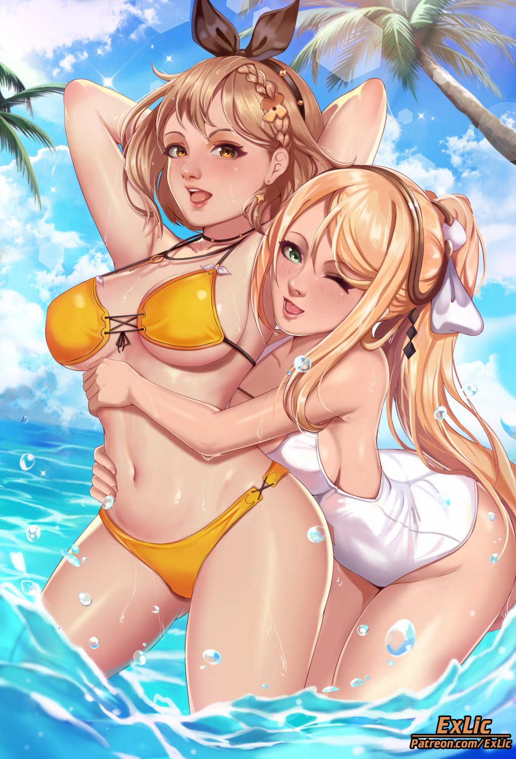 2girls, arms up, atelier (series), atelier ryza, breasts, exlic, female, female only, hug from behind, looking at viewer, one-piece swimsuit, reisalin stout, swimsuit, wink