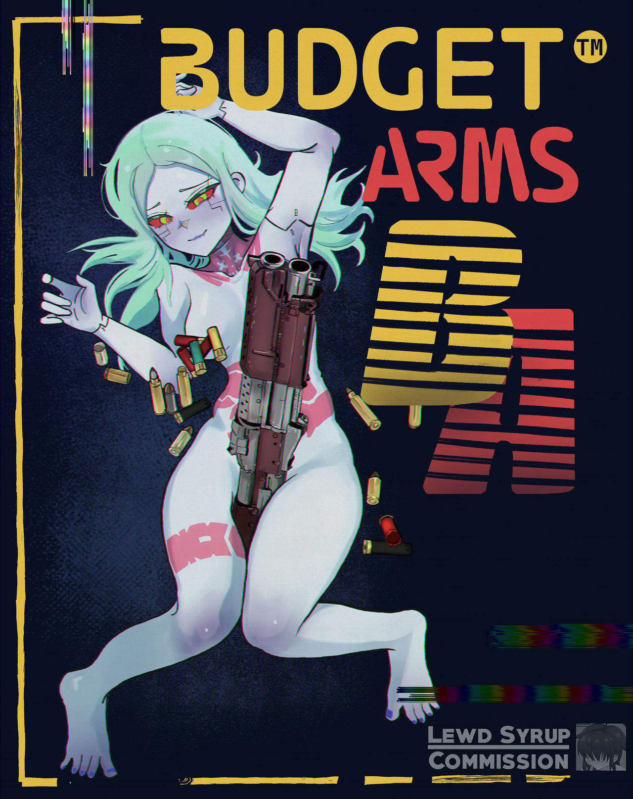 1girls, blue background, blue body, blush, breasts, closed eyes, clothes, clothing, convenient censoring, cybernetics, cyberpunk: edgerunners, cyborg, female, female only, firearm, flat chest, flat chested, green eyes, green hair, gun, hd, hi res, human, lewdsyrup, light skin, light-skinned female, long hair, pale skin, pinup, rebecca (edgerunners), shotgun, small breasts, solo, solo focus, tattoo, thick thighs, watermark, weapon