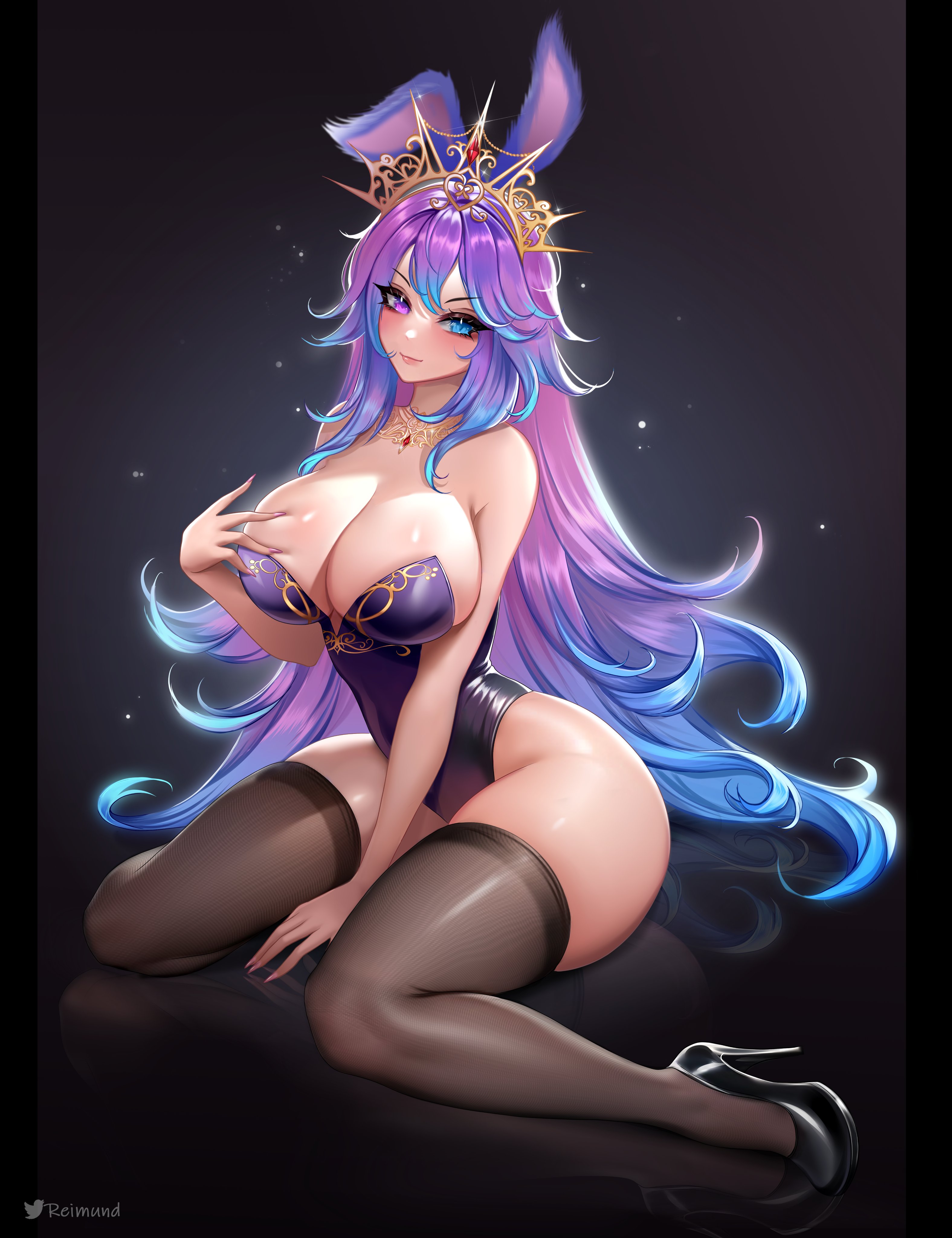 1girls, animal ears, ass, big breasts, black shoes, black thighhighs, blue eyes, blue hair, breasts, breedable hips, busty, child bearing hips, cleavage, closed mouth, cottontail (vtuber), double-parted bangs, fat ass, female, full body, gradient hair, hand on own chest, heterochromia, high heels, hips, huge breasts, indie virtual youtuber, large breasts, leotard, long hair, looking at viewer, massive breasts, multicolored hair, purple eyes, purple hair, purple leotard, rabbit ears, rabbit girl, reimundpurr, shoes, sitting, smile, solo, thighhighs, tiara, virtual youtuber, vtuber, wariza, wide hips