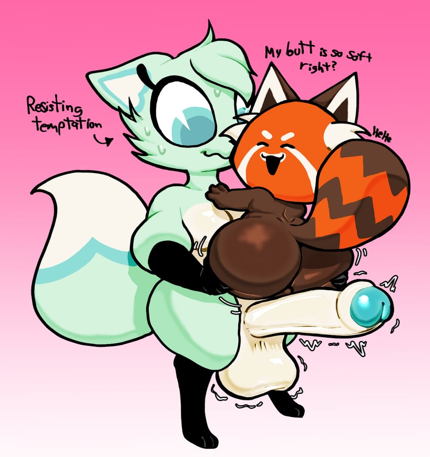:3, :3 face, adult on cub, adult on young, adult woman, ass, ass crack, ass focus, blue tip, butt, butt focus, chikn nuggit, cub, cyan eyes, cyan fur, cyan hair, fox, fox boy, fox ears, fox tail, ftm crossgender, furry female, furry male, futanari, genderswap, getting bigger, getting erect, getting horny, gradient background, male cub, nervous expression, nervous face, nervous sweat, o~o, panda, red fur, red hair, red panda, resisting orgasm, simple background, slushi (chikn nuggit), sody pop (chikn nuggit), sweat, temptation, tempting, throbbing penis, turned on, uncircumcised, uncut, young, younger male
