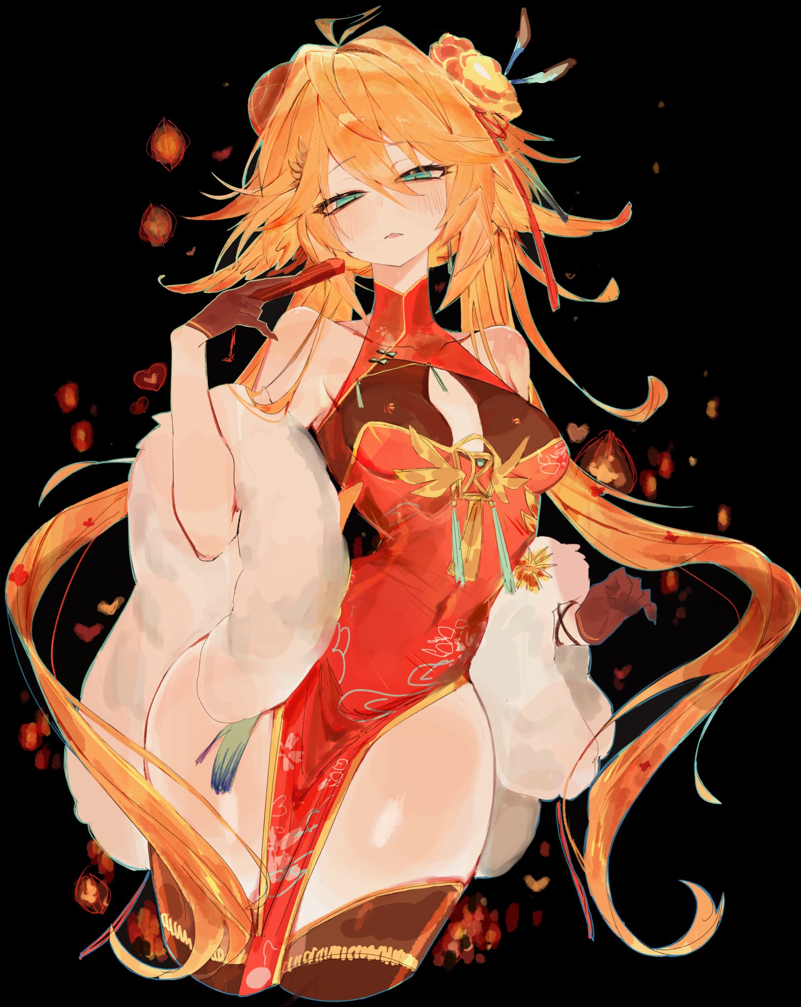 1girls, ahoge, bare hips, bare shoulders, black background, blonde hair, blush, breasts, china dress, chinese clothes, cleavage cutout, clothing cutout, dokibird, dress, feather hair, female, gloves, green eyes, hip focus, hips, indie virtual youtuber, looking at viewer, red dress, small breasts, thick thighs, thighhighs, thighs, twintails, usa37107692, virtual youtuber, vtuber, wide hips