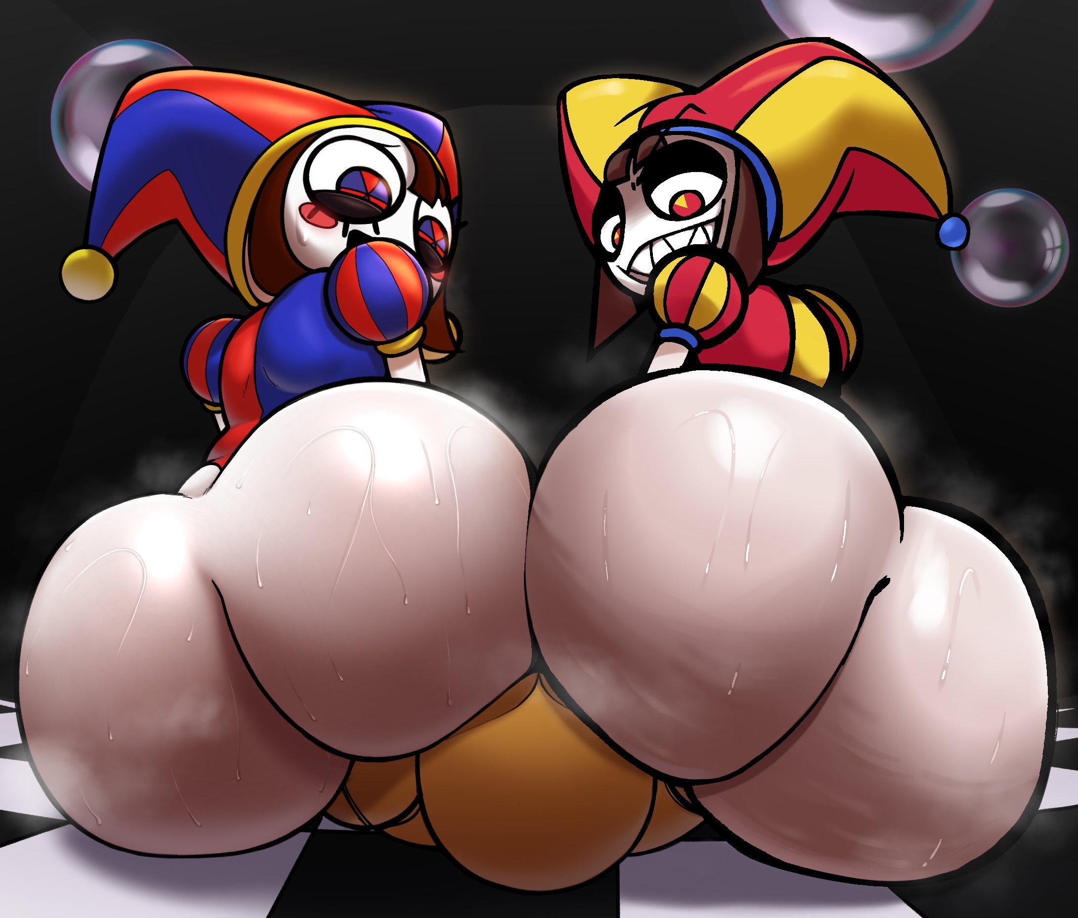 2026, 2d, 2d (artwork), 2female, 2girls, abel (the amazing digital circus), analizer2345, ass, big ass, big butt, evil pomni (the amazing digital circus), facesitting, female, female only, grin, hi res, high resolution, highres, mannequin, nanodude78, pomni (the amazing digital circus), sharp teeth, sitting, sitting on face, smile, sweat, sweaty, sweaty ass, sweaty body, sweaty butt, the amazing digital circus, white body, white skin