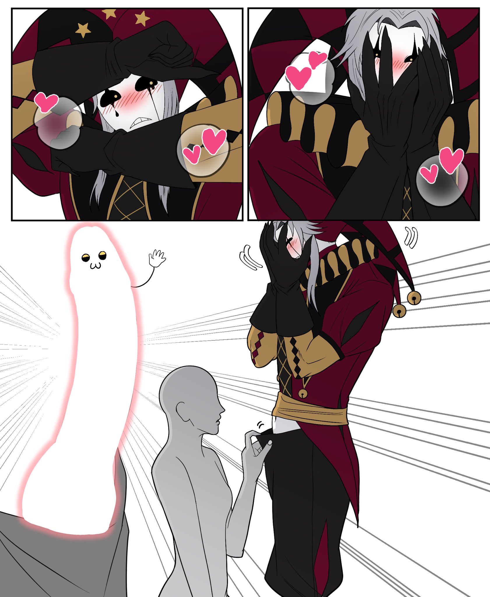 flustered male, large penis, looking at penis, neesansukida, partially nude, penis exposed, pierrot (the freak circus), self insert, the freak circus