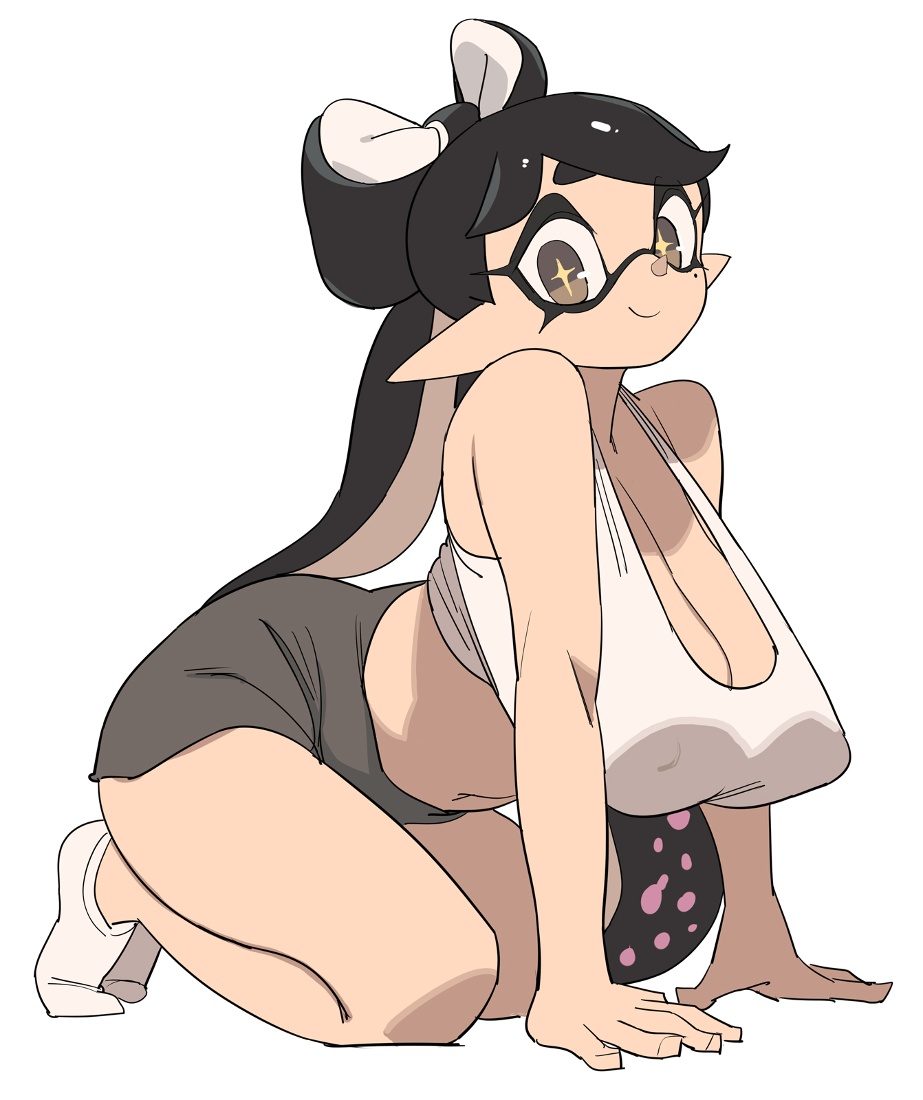 1girls, all fours, ass, big ass, big breasts, breasts, callie (splatoon), erect nipples, erect nipples under clothes, female, female only, huge breasts, inkling, inkling girl, kneeling, long hair, looking at viewer, nintendo, pointy ears, smile, socks, solo, splatoon, splatoon (series), tentacle hair, unusual pupils, yuta agc