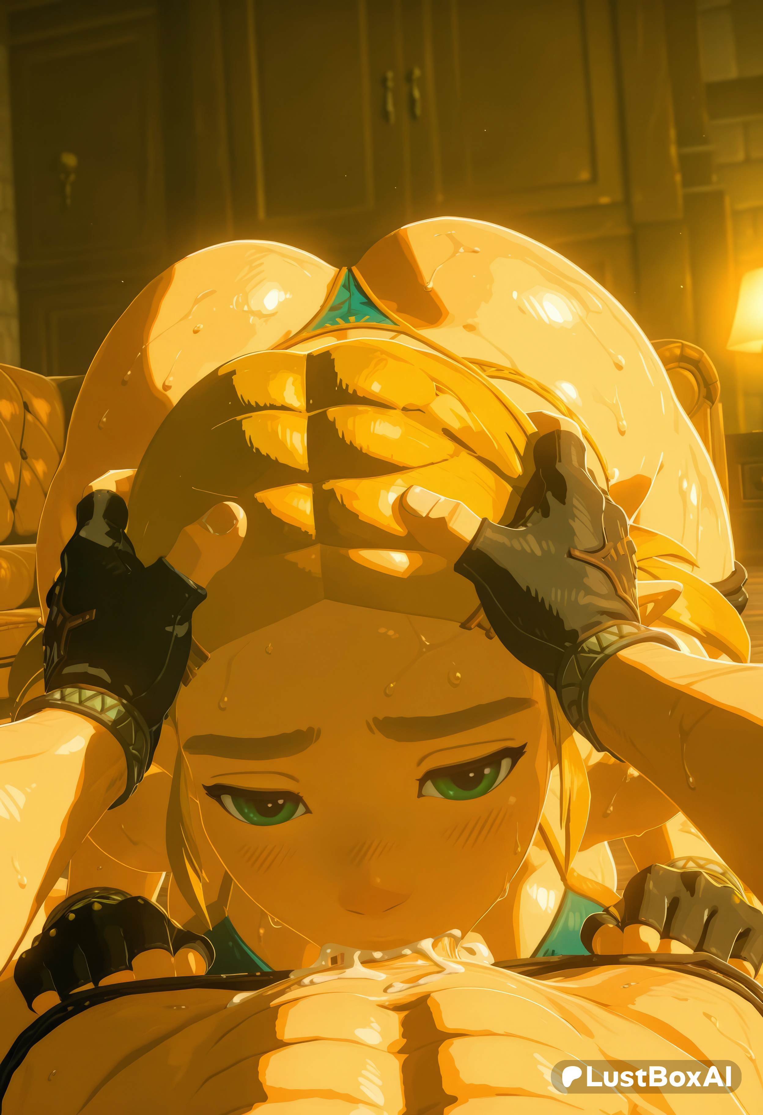 1boy, 1boy1girl, 1girls, ai generated, ass, bikini, black gloves, blonde hair, blowjob, blush, braid, cum, cum in mouth, cum overflow, deepthroat, fellatio, female, fingerless gloves, forehead, gloves, green eyes, hi res, indoors, irrumatio, long hair, looking at viewer, lustboxai, nintendo, oral, panties, patreon logo, penis, pointy ears, pov, pov crotch, princess zelda, solo focus, straight, sweat, swimsuit, tears of the kingdom, the legend of zelda, thick eyebrows, thong, uncensored, underwear, zelda (tears of the kingdom)