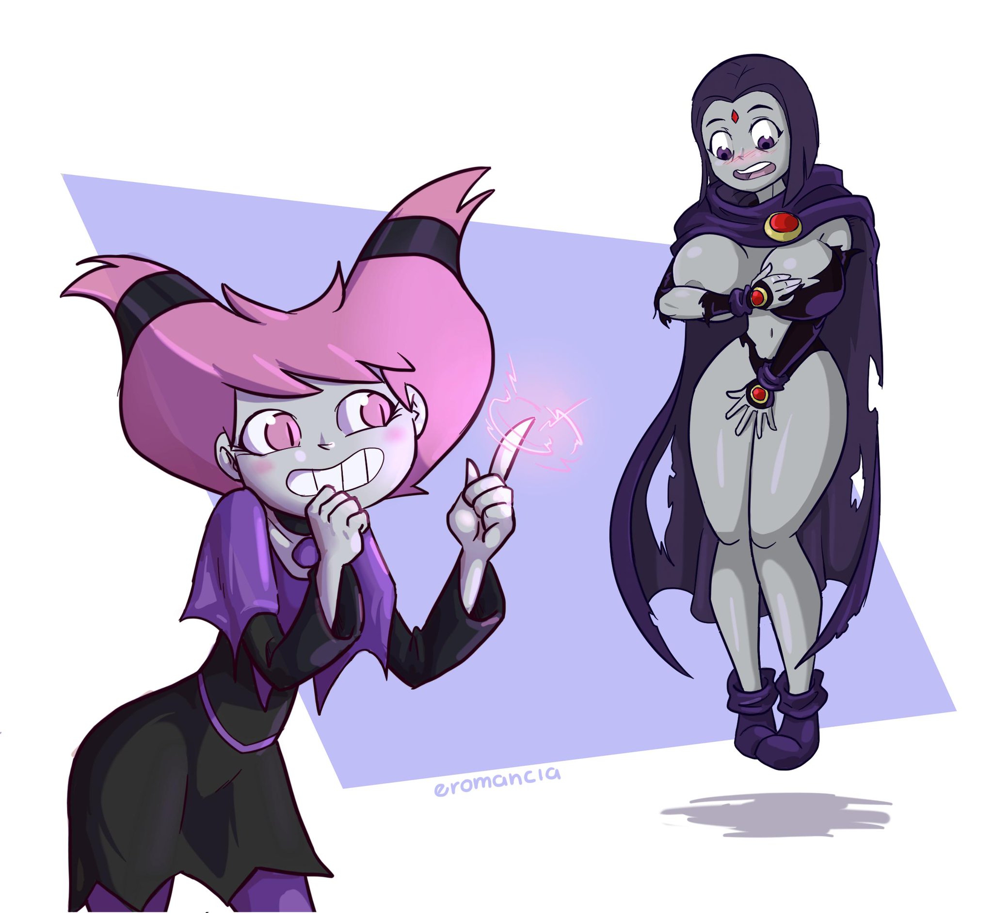 2girls, assisted exposure, blush, breasts, covering breasts, covering crotch, covering self, dc, dc comics, embarrassed, erobuggy, female, female only, goth, grey skin, hi res, highres, jinx (dc), magic, multiple females, multiple girls, pink hair, purple hair, raven (dc), signature, teen titans, text, torn clothes, twintails