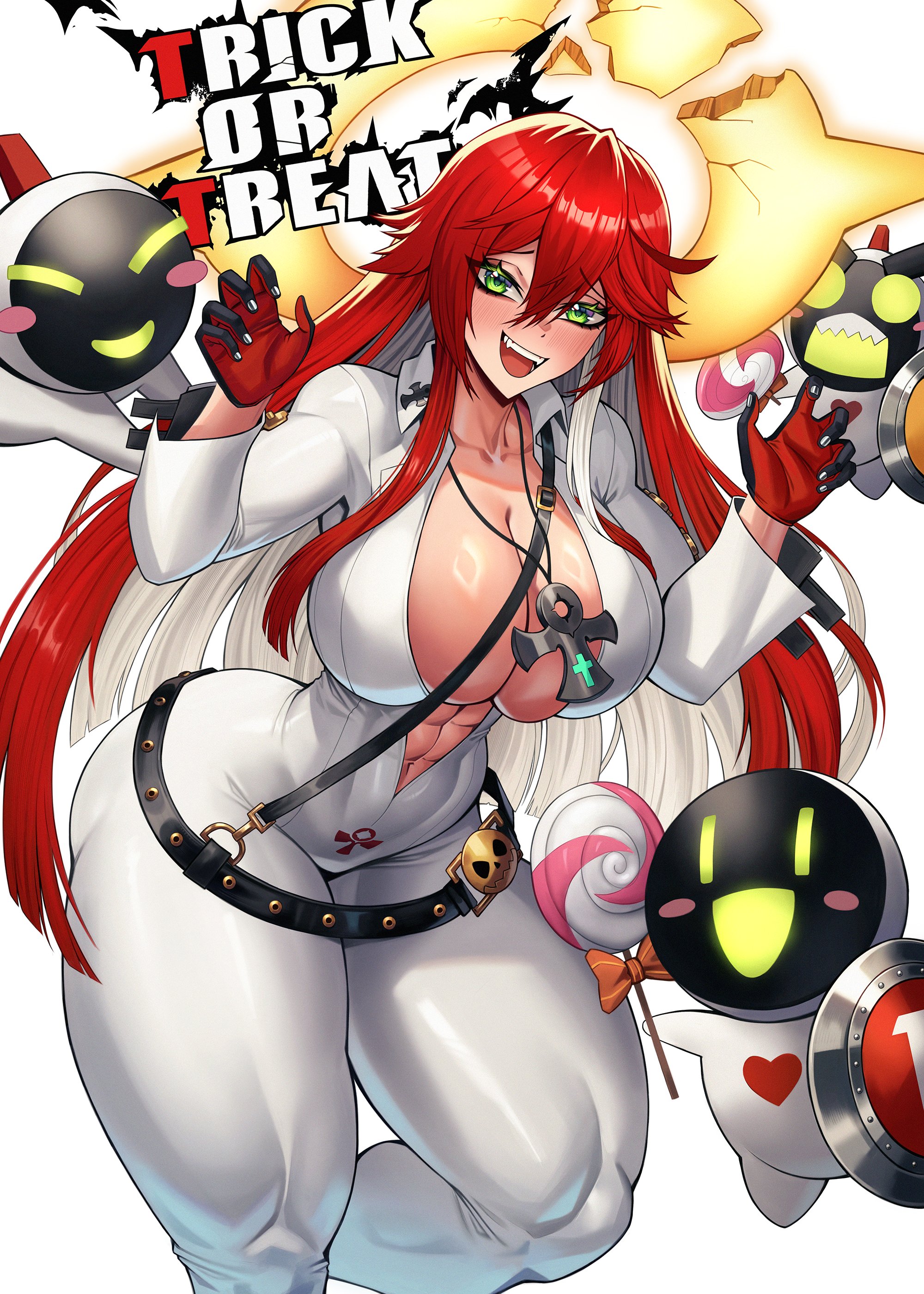 :d, 1girls, abs, absurdres, ankh necklace, bangs, belt, big breasts, black gloves, blush, bodysuit, breasts, broken halo, bursting breasts, candy, center opening, cleavage, colored inner hair, commentary, covered nipples, curvy, english commentary, female, food, gloves, green eyes, guilty gear, guilty gear strive, hair between eyes, halo, hands up, highres, jack-o' valentine, jewelry, knight servant, lancer servant, large breasts, lollipop, long hair, looking at viewer, loose belt, magician servant, mask, multicolored hair, necklace, open bodysuit, open clothes, open mouth, red gloves, red hair, skin tight, smile, squigglesfc, standing, strap, studded belt, tagme, teet, thick thighs, thighs, tight clothes, tight clothing, toned, toned female, trick or treat, two-tone hair, unzipped, unzipped bodysuit, v-shaped eyebrows, white bodysuit, white hair, wide hips, wide sleeves