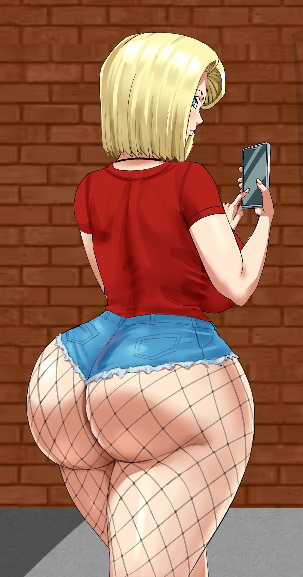 about to burst, android 18, ass hanging out, ass hanging out of shorts, ass too big, barely contained, barely contained ass, barely fits, blonde hair, blue eyes, booty shorts, breasts, bursting butt, curvy female, curvy hips, daisy dukes, denim, denim bottomwear, denim clothing, denim jeans, denim shorts, dragon ball z, female, female focus, fishnet legwear, holding phone, imminent wardrobe malfunction, inconvenient ass, inconvenient butt, jean shorts, jeans, jeans shorts, large breasts, looking at viewer, looking back, looking back at viewer, red shirt, short hair, short shorts, shorts, slightly chubby, slightly chubby female, solo, straining clothing, thick ass, thick thighs, tight clothes, tight clothing, tight fit, tight fitting clothing, tight jeans, tight shorts, too tight, undersized clothes, undersized clothing, wide hipped female, wide hips