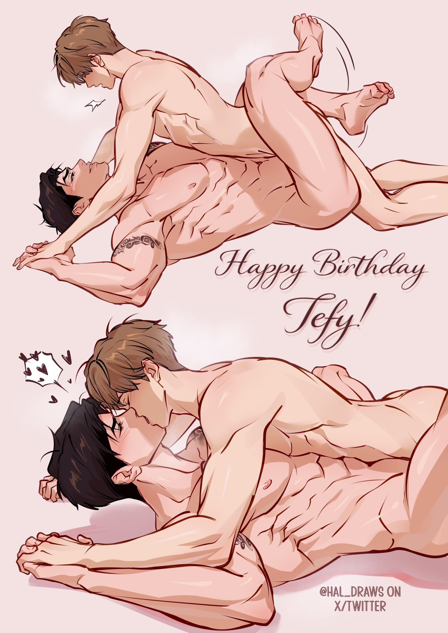 2boys, 2d, anal, anal sex, black hair, blush, brown hair, color, colored, cum, cum drip, domination, english, english text, gay, gay domination, gay male, hal draws, jinx (manhwa), joo jaekyung, kim dan, male, male focus, male only, muscular, muscular male, penetration, small dom big sub, small top big bottom, submissive, submissive male, tattoo, text, yaoi