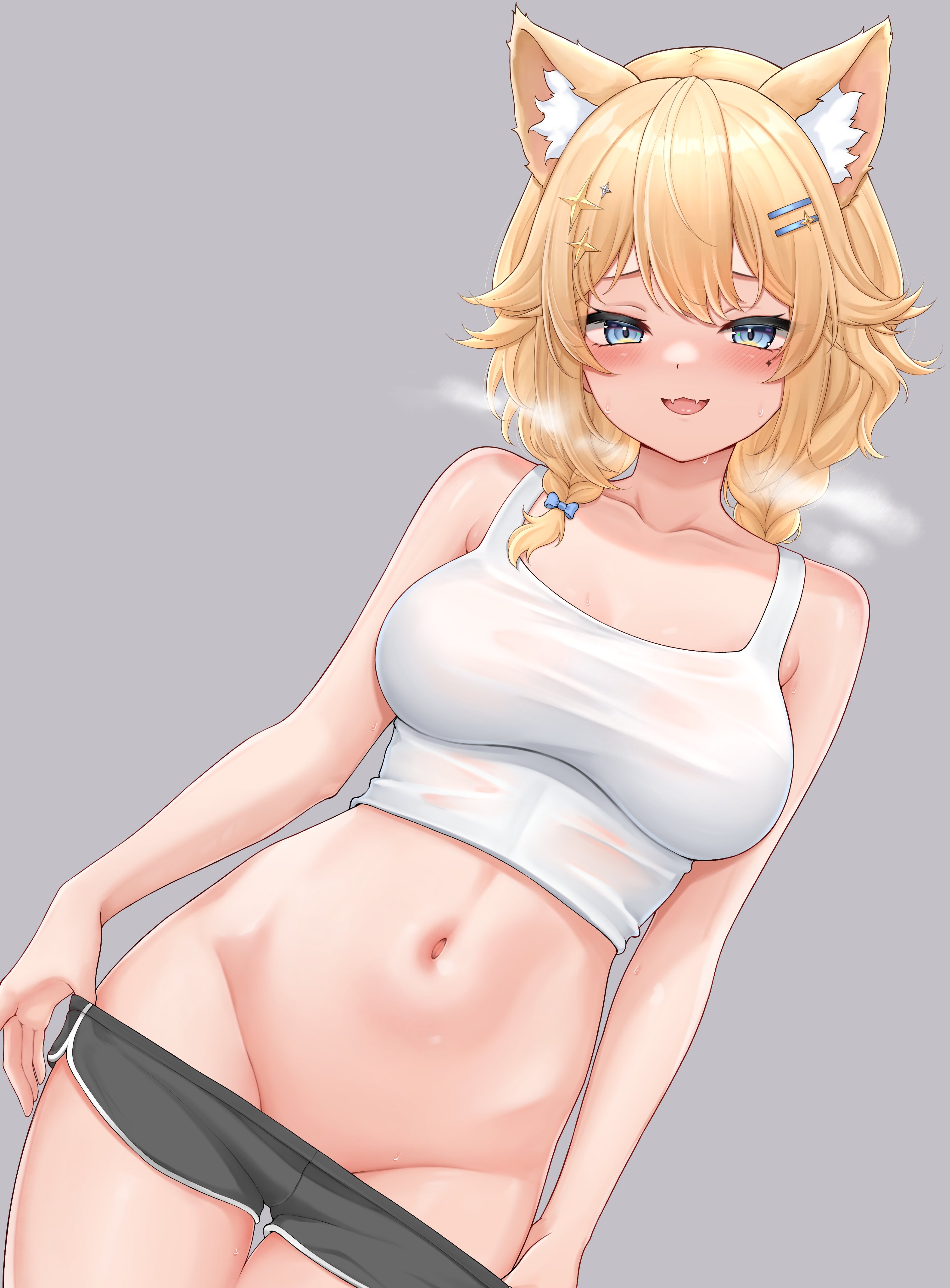 :d, 1girls, animal ears, big breasts, black shorts, blonde hair, blue eyes, braid, breasts, cat ears, clothes pull, crop top, female, grey background, groin, hair between eyes, hair ornament, hairclip, honon, kaneko lumi, large breasts, looking at viewer, low twin braids, medium hair, mole, mole under eye, navel, no panties, open mouth, parallel hairclips, phase connect, phase invaders, short shorts, shorts, shorts pull, simple background, smile, solo, stomach, sweat, sweaty, tank top, teasing, thighs, twin braids, underwear, virtual youtuber, vtuber, wet shirt, white tank top