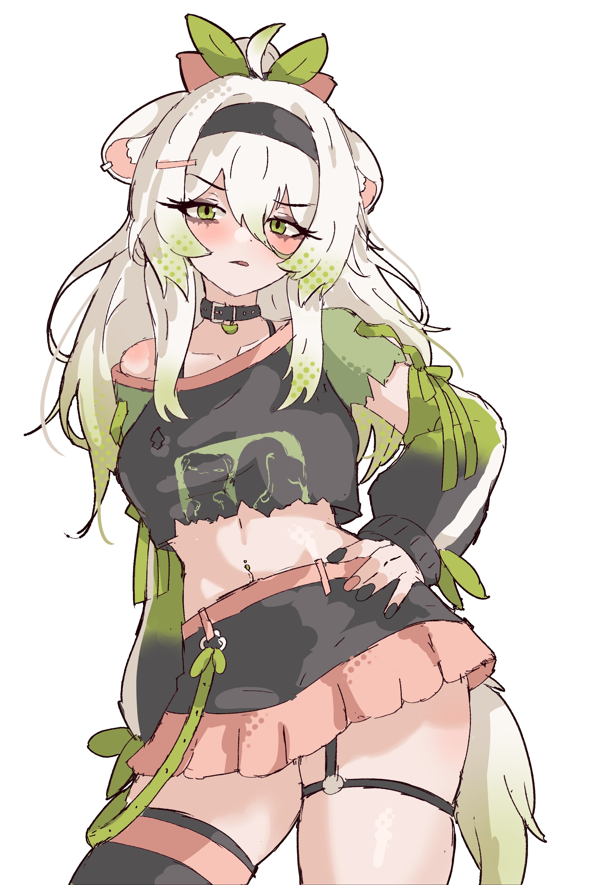1girls, alternate costume, animal ears, baddie, black headband, black shirt, black skirt, black thighhighs, cowboy shot, cropped legs, ddrawins, detached sleeves, female, ferret ears, ferret girl, ferret tail, frown, garter straps, goth fashion, green eyes, green fur, green hair, green tail, hand on own hip, headband, indie virtual youtuber, laimu, long hair, looking at viewer, midriff, open mouth, screentones, shirt, simple background, skirt, solo, standing, thighhighs, thighs, virtual youtuber, vtuber, white background, white shirt