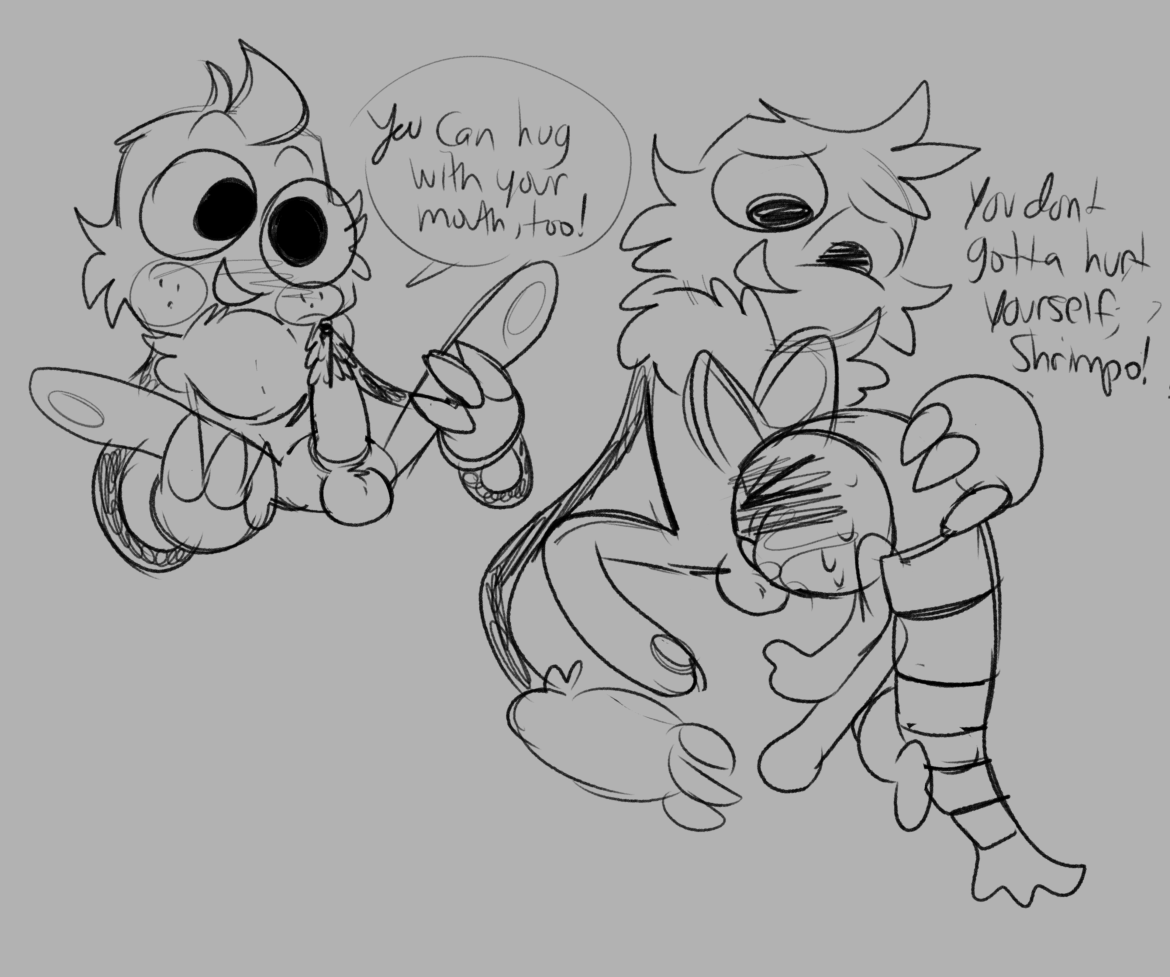 ambiguous species, barbed penis, blowjob, chimeracocks, dandy's world, dialogue, feline penis, goob (dandy's world), holding breath, presenting, presenting penis, shrimp, shrimpo (dandy's world), spread legs