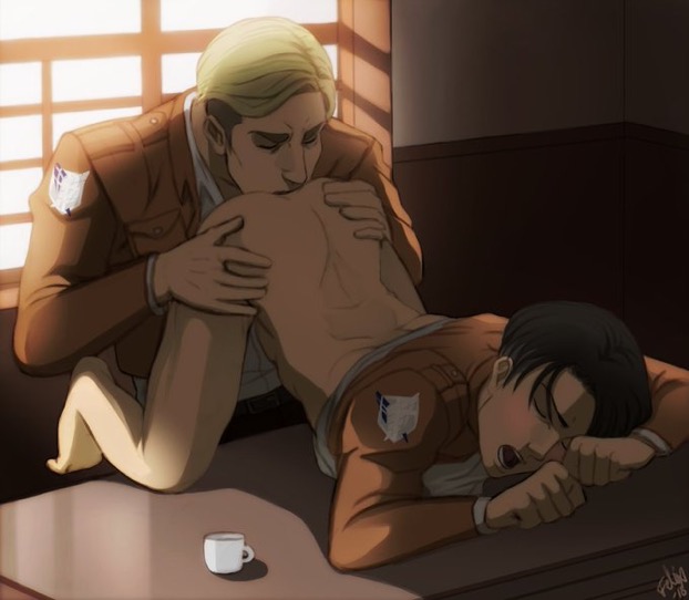 2boys anilingus arched_back ass ass_eating ass_up attack_on_titan bare_ass bare_legs big_dom_small_sub black_hair blonde_hair bottomless closed_eyes demitasse_cup desk eating_ass erwin_smith eyes_closed felixfellow gay jacket_up levi levi_ackerman male male/male male_only mouth_open open_mouth oral_sex pants_removed rimjob rimming sex sex_on_desk shingeki_no_kyojin size_difference tongue_fucking uniform yaoi