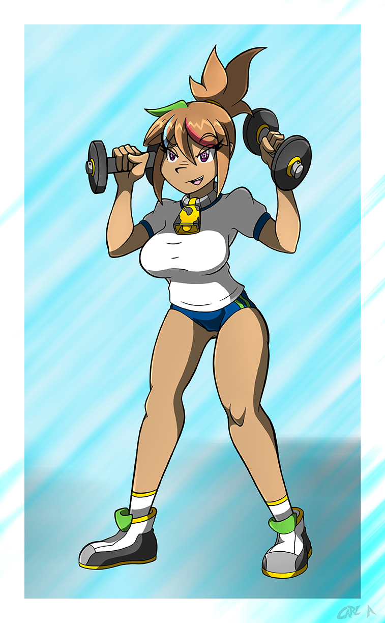 brainwashing brown_hair dark-skinned_female dumbbell gym_clothes gym_uniform hypnosis kiroxiii mind_control oc purple_eyes rika_dimensional_ninja unusual_pupils