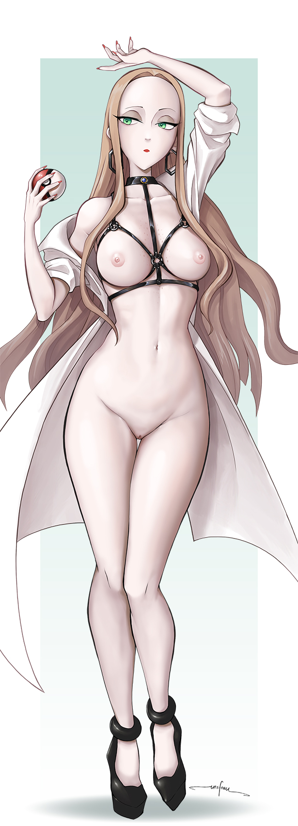 1girls, 2d, areolae, blonde hair, breasts, colored nails, earrings, female, green eyes, high heels, jacket, light skin, lips, lipstick, long hair, navel, nintendo, oleana (pokemon), pokeball, pokemon, pokemon ss, pussy, solo, solo female, uncensored, unsfrau