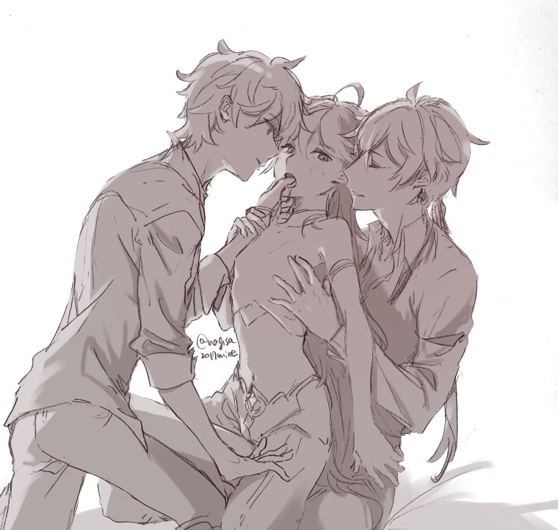 3boys, aether (genshin impact), childe (genshin impact), domination, femboy, finger in mouth, genshin impact, group, imminent sex, long hair, male, male only, short hair, size difference, submissive male, tartaglia (genshin impact), teasing, threesome, yaoi, zhongli (genshin impact)