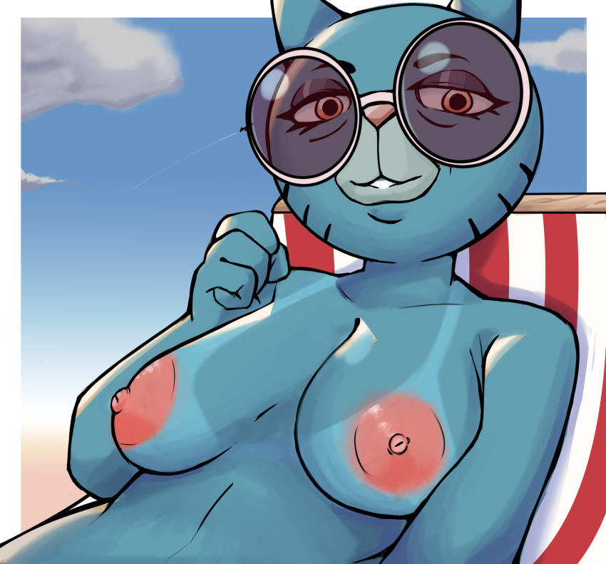 2021, 4 fingers, absurd res, aircraft, airplane, anthro, areola, big breasts, breasts, cartoon network, chair, cloud, domestic cat, eyewear, felid, feline, felis, female, fingers, furniture, gilf, half-closed eyes, hi res, looking at viewer, lounge chair, mammal, mary senicourt, mature female, narrowed eyes, nipples, nude, outside, pink nose, sin-buttons (artist), sky, smile, solo, sunglasses, suntan, tan line, tanline, tanned, the amazing world of gumball, whiskers