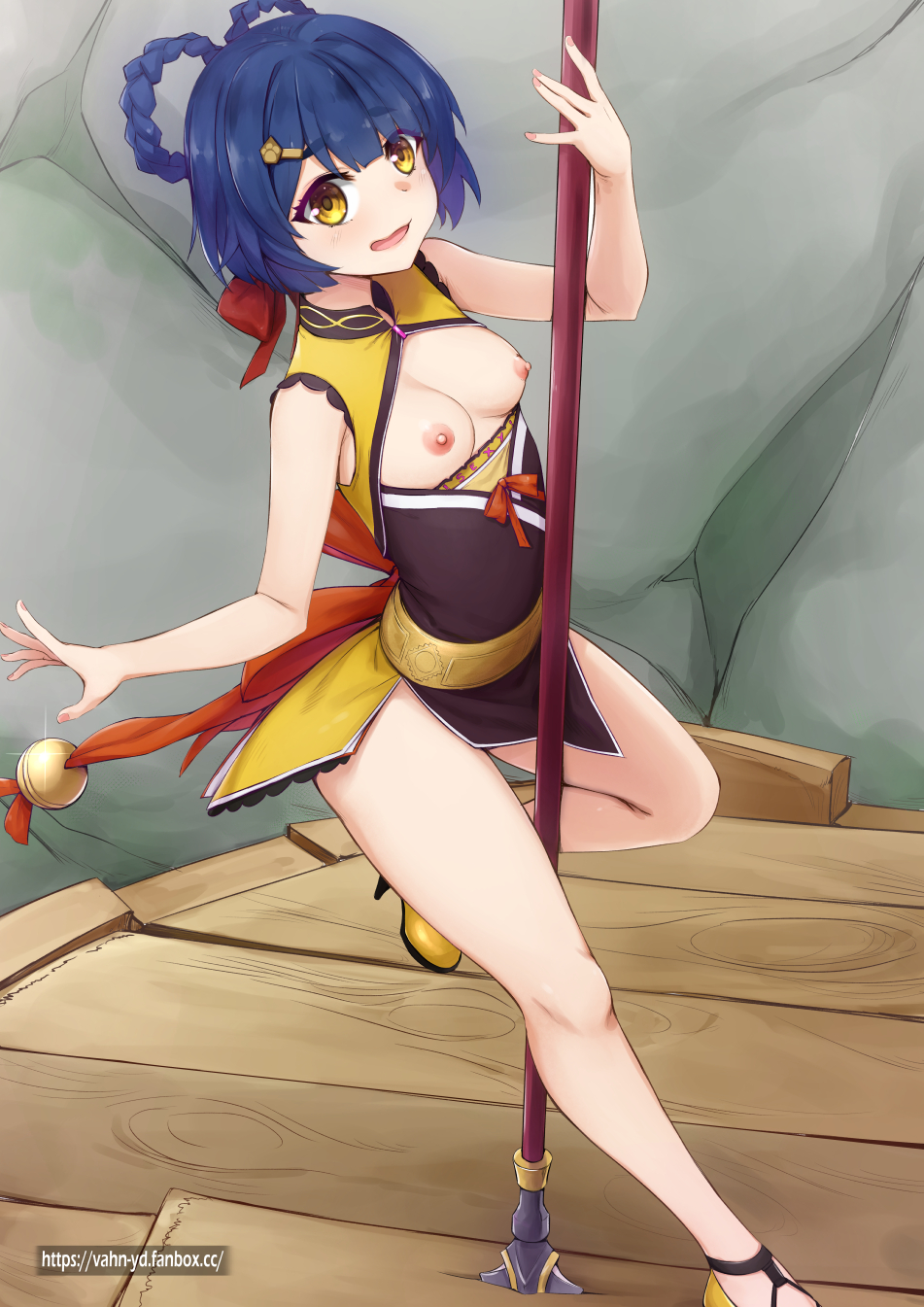 1girls, areolae, bell, blue hair, breastless clothes, breastless clothing, breasts, breasts out, dancing, embarrassed, exposed breasts, female, genshin impact, hair ornament, high heels, legs, looking at viewer, nail polish, nipples, open mouth, pole, pole dancing, shoes, sleeveless, small breasts, solo female, spear, thighs, uniform, vahn yourdoom, xiangling (genshin impact), yellow eyes